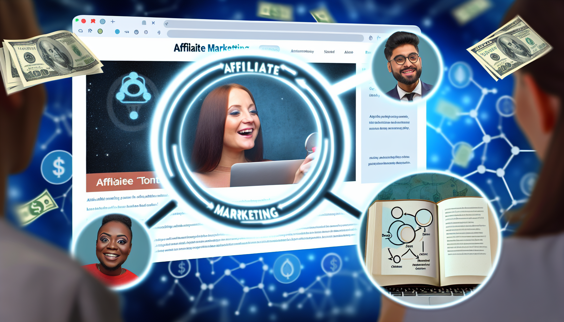 Eine vergrößerte Ansicht eines Computerbildschirms, der einen Browser mit verschiedenen geöffneten Tabs zeigt. Einer der Tabs ist hervorgehoben und zeigt einen Blogbeitrag über Affiliate-Marketing. Eine kaukasische Frau ist zu sehen, die glücklich den Blogbeitrag liest. Im Hintergrund schweben digitale Elemente, die Geld repräsentieren, und deuten auf das Potenzial hin, online Geld zu verdienen. Neben der Frau ist ein südasianischer Mann zu sehen, der ein E-Book mit dem Titel 'Affiliate Marketing Mastery' studiert. Ein Diagramm, das den Zyklus des Affiliate-Marketings - Marke, Affiliate, Kunde - darstellt, ist ebenfalls sichtbar und betont das Konzept.