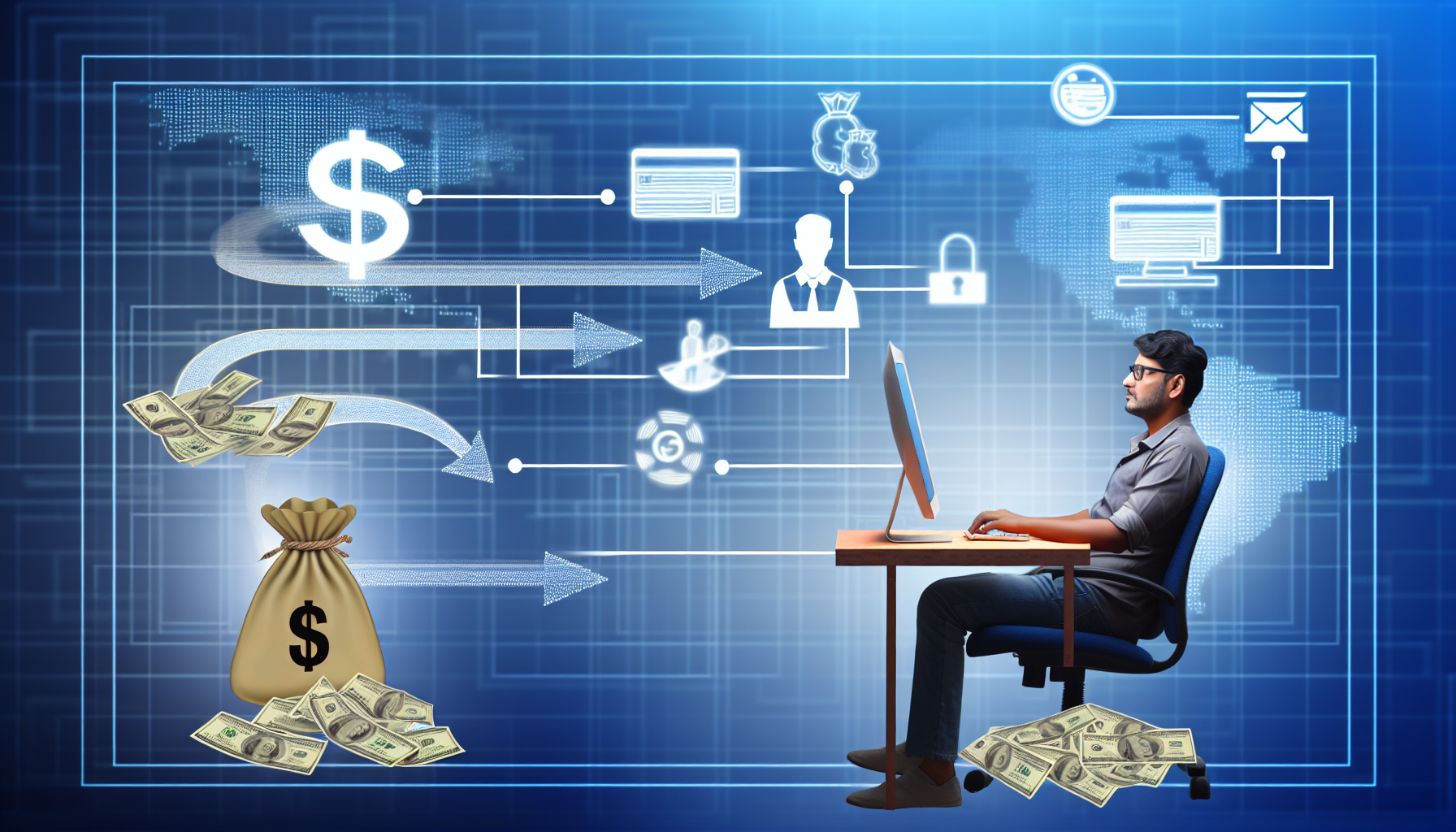 Eine grafische Darstellung, wie man online mit Affiliate-Marketing Geld verdienen kann. Das Design sollte verschiedene Elemente eines Affiliate-Marketing-Diagramms enthalten, wie den Affiliate-Marketer, der an einem Computer sitzt, Grafiken, die Online-Shops repräsentieren, und Pfeile, die den Fluss des Website-Verkehrs symbolisieren. Im Hintergrund sollten digitale Darstellungen von Währungen vage herabfallen, um den Prozess des Geldverdienens anzuzeigen. Die Figur am Computer sollte ein südasianischer Mann in lässiger Kleidung sein.