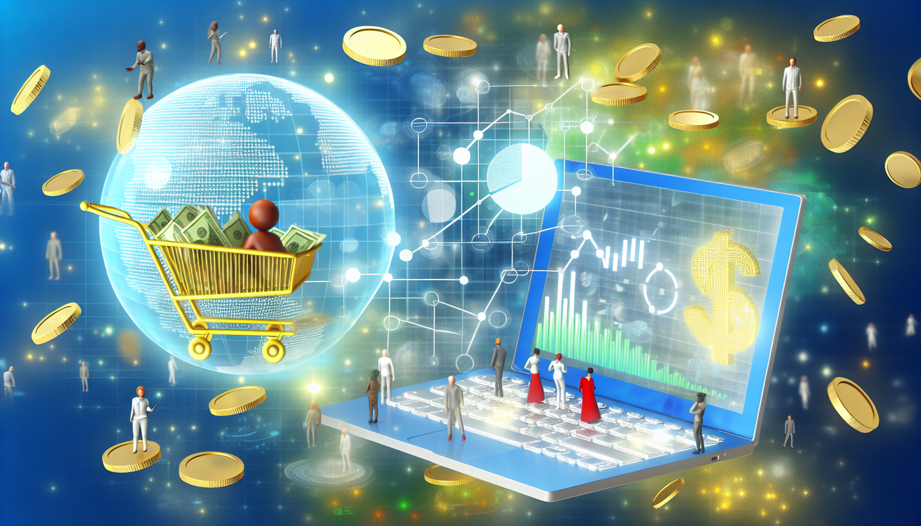 Eine abstrakte Darstellung des Prozesses, online Geld durch Affiliate-Marketing zu verdienen. Im Vordergrund ein helles, flaches Design eines Laptops, der verschiedene statistische Grafiken anzeigt, die Datenanalysen repräsentieren. Im Hintergrund Bilder wie ein Einkaufswagen, ein Dollarzeichen und ein Globus, die Handel und globale Reichweite symbolisieren. Kleine Figuren von verschiedenen Personen, ein asiatischer Mann und eine afrikanische Frau, die den Laptop nutzen und die Nutzer darstellen, die Affiliate-Marketing nutzen. Goldmünzen fließen aus dem Laptop-Bildschirm und visualisieren das Verdienstpotenzial.