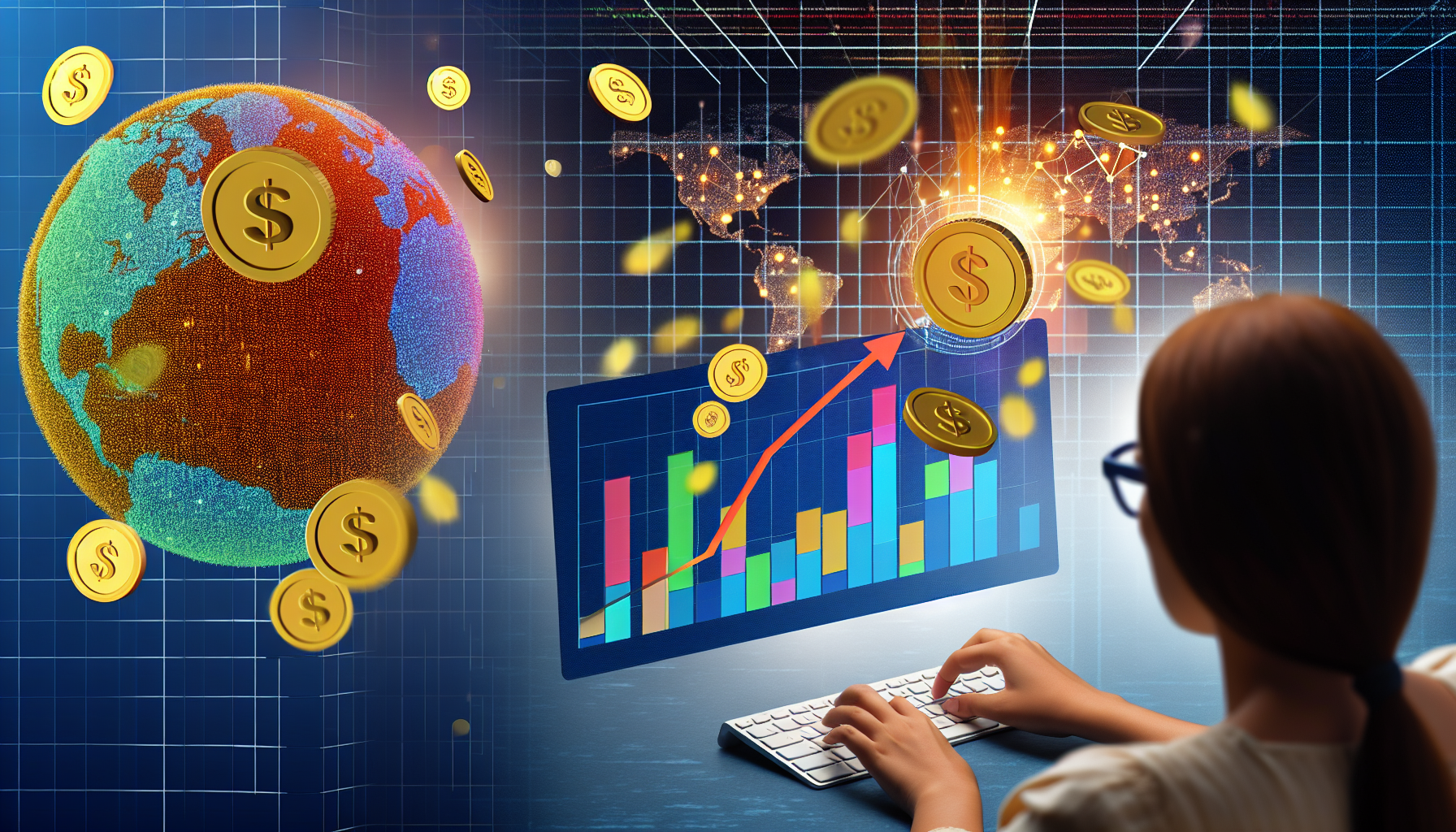 Eine inspirierende Szene zeigt eine konzeptionelle Illustration des Affiliate-Marketings. Stellen Sie sich eine Person vor, die vor einem digitalen Bildschirm sitzt und deren Finger schnell auf einer Computer-Tastatur tippen. Der Bildschirm zeigt farbenfrohe Diagramme und Grafiken, die Web-Traffic und Umsatzwachstum symbolisieren. Aus dem Bildschirm kommen Goldmünzen und virtuelles Geld, die auf Online-Einnahmen hinweisen. Diese Person hat südasiatische Wurzeln und ist eine Frau. Im Hintergrund befindet sich zudem ein Erdball mit kleinen Netzwerk-Knoten darum herum, um globale Verbindungen und Partnerschaften darzustellen.