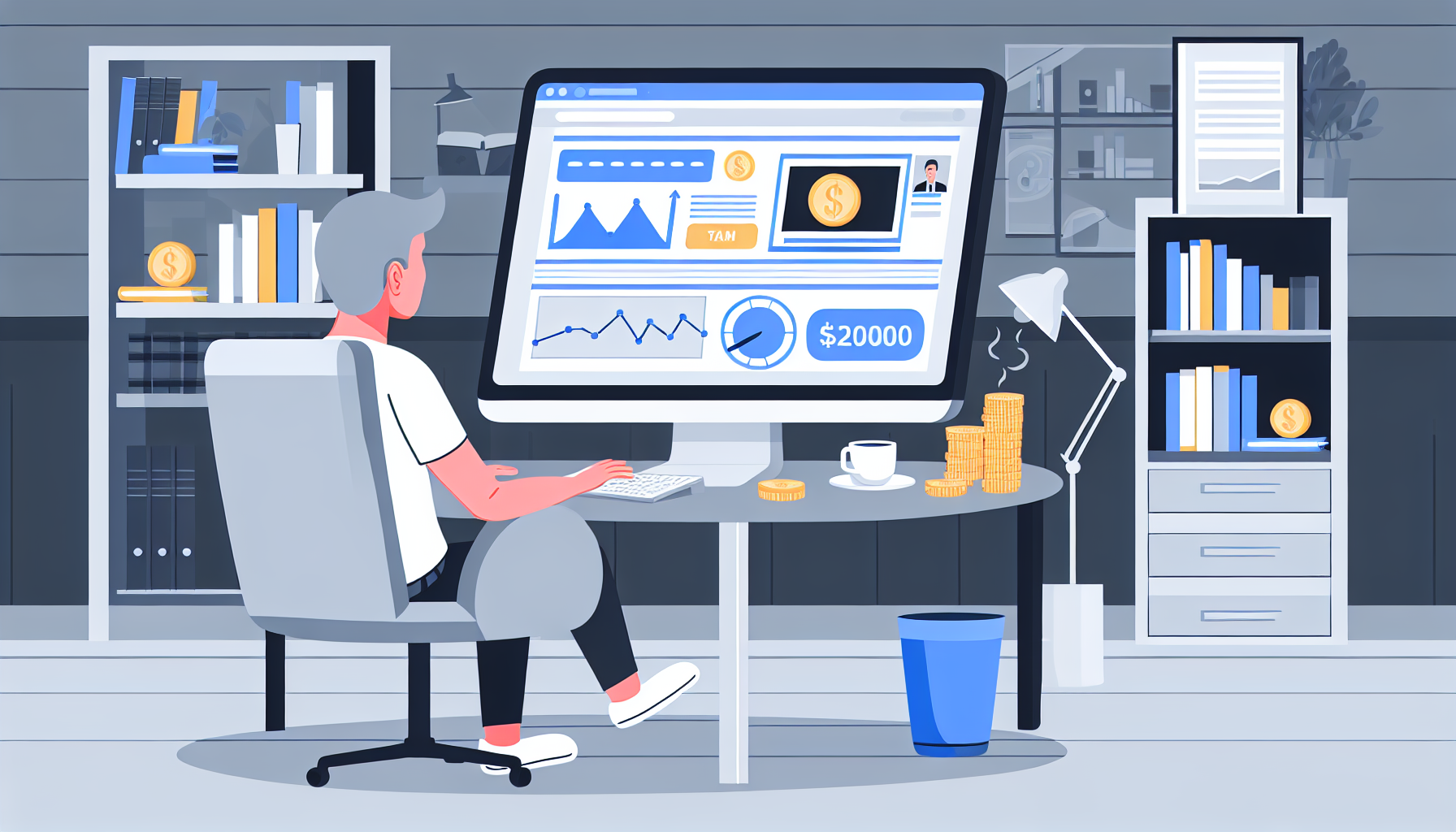 Stellen Sie sich ein Online-Geschäftsszenario vor, in dem eine Person erfolgreich Geld durch Affiliate-Marketing verdient. Die Person sitzt vor einem Computer und betrachtet Diagramme, Grafiken und Zahlen, die ihre erfolgreichen Online-Einnahmen darstellen. Der Computerbildschirm zeigt eine Webseite mit Affiliate-Links, Anzeigen oder Produkten. Die Szene spielt sich in einem Homeoffice ab, das mit einem modernen Schreibtisch, einem Computer, einem bequemen Stuhl und einer Tasse Kaffee ausgestattet ist. Im Hintergrund befinden sich Bücherregale, die mit Geschäfts- und Marketingbüchern gefüllt sind. Die Person ist kaukasisch und männlich.