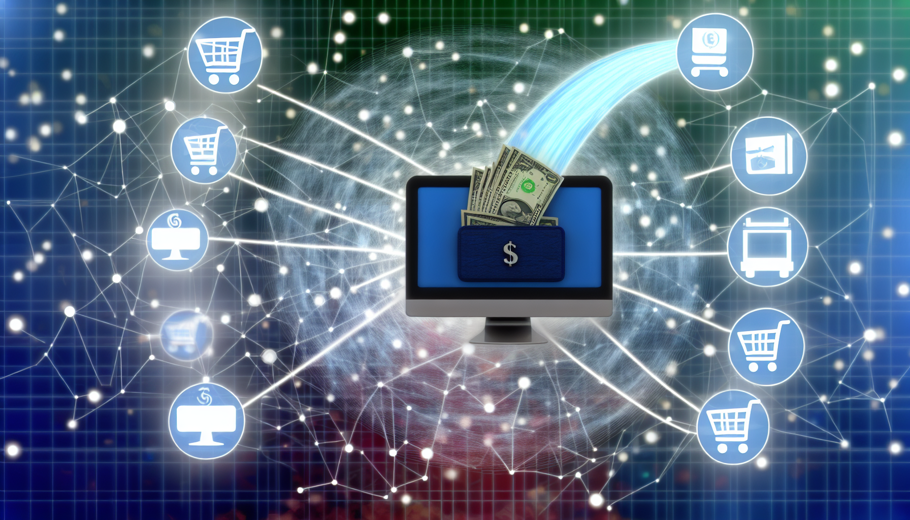 Ein Bild, das das Online-Geldverdienen durch Affiliate-Marketing darstellt. Stellen Sie sich einen Strom von digitalem Geld vor, der von einem Computerbildschirm in eine Geldbörse fließt. Dies repräsentiert die Einnahmen, die online generiert werden. Um die Szene herum sollten einige symbolische Elemente angezeigt werden, wie ein Netz aus miteinander verbundenen Links, Einkaufswagen und Produktbilder, die den Prozess der Auswahl, des Kaufs und der Nutzung von Affiliate-Anzeigen veranschaulichen. Dies sollte eine dynamische Szene des Online-Handels und des Affiliate-Marketing-Prozesses schaffen.