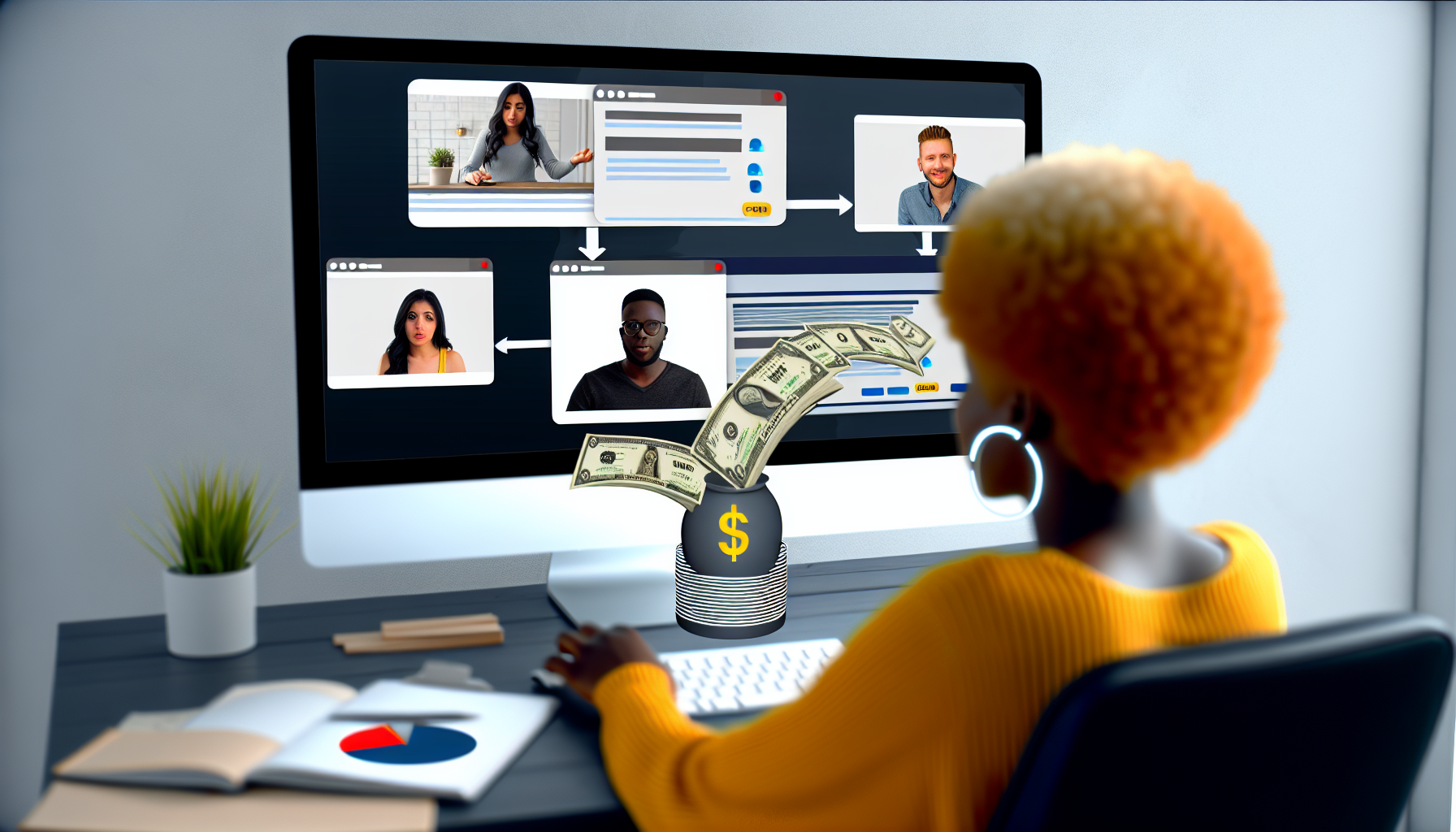 Erstellen Sie eine visuelle Darstellung des Konzepts des Geldverdienens online durch Affiliate-Marketing. Stellen Sie eine kaukasische Frau dar, die vor einem Computerbildschirm sitzt, auf dem verschiedene Browser-Tabs mit unterschiedlichen E-Commerce-Websites geöffnet sind. Sie ist zu sehen, wie sie über ein Videokonferenz-Tool auf dem Bildschirm mit Marketingpartnern (einem schwarzen Mann, einer mittelöstlichen Frau und einem südasianischen Mann) zusammenarbeitet. Verwenden Sie Grafiken, um den Fluss des Einkommens von den Online-Shops zu ihrem Bankkonto darzustellen, was ihre Einnahmen aus dem Affiliate-Marketing symbolisiert.