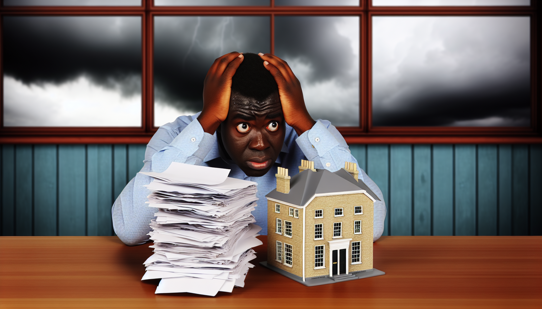 Eine Illustration, die hohe Schulden symbolisiert. Ein Mann afroamerikanischer Abstammung sitzt an einem Holztisch, überwältigt von Stapeln von Rechnungen. Sorgen sind ihm ins Gesicht geschrieben. Vor ihm steht ein maßstabsgetreues Modell eines klassischen georgianischen Hauses, das eine Hypothek oder einen Hauskredit symbolisiert. Durch das Fenster ist ein bewölkter und stürmischer Himmel zu sehen, der die düstere finanzielle Situation widerspiegelt.