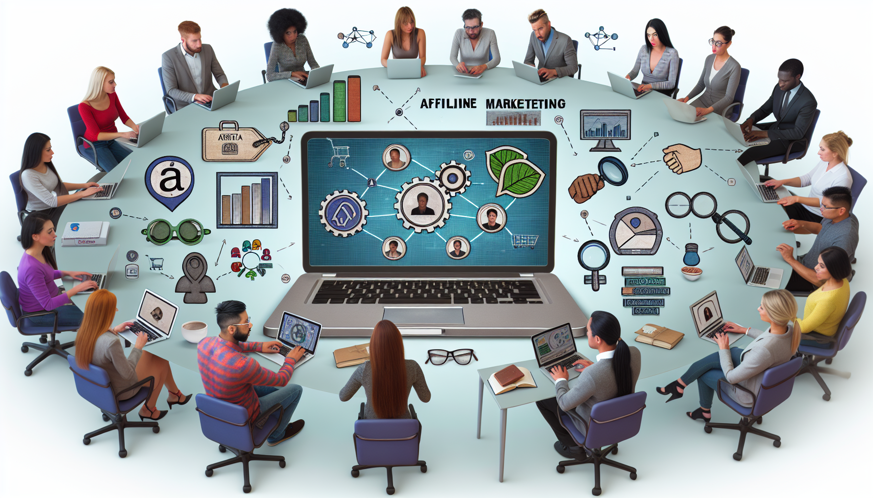 Ein detailliertes Konzept für Online-Einnahmen durch Affiliate-Marketing. Stellen Sie einen Laptop dar, dessen Bildschirm verschiedene Produkte zeigt. Um den Computer herum sind eine vielfältige Gruppe von Menschen abgebildet, darunter ein kaukasischer Mann, eine schwarze Frau, ein hispanischer Mann und eine mittelöstliche Frau, die aktiv zusammenarbeiten und an ihren Schreibtischen arbeiten. In der Szene sind verschiedene Elemente der digitalen Marketingstrategie zu sehen, wie soziale Medien-Icons, SEO-Diagramme, E-Commerce-Symbole und analytische Datengraphen, die über die gesamte Szene verteilt sind.