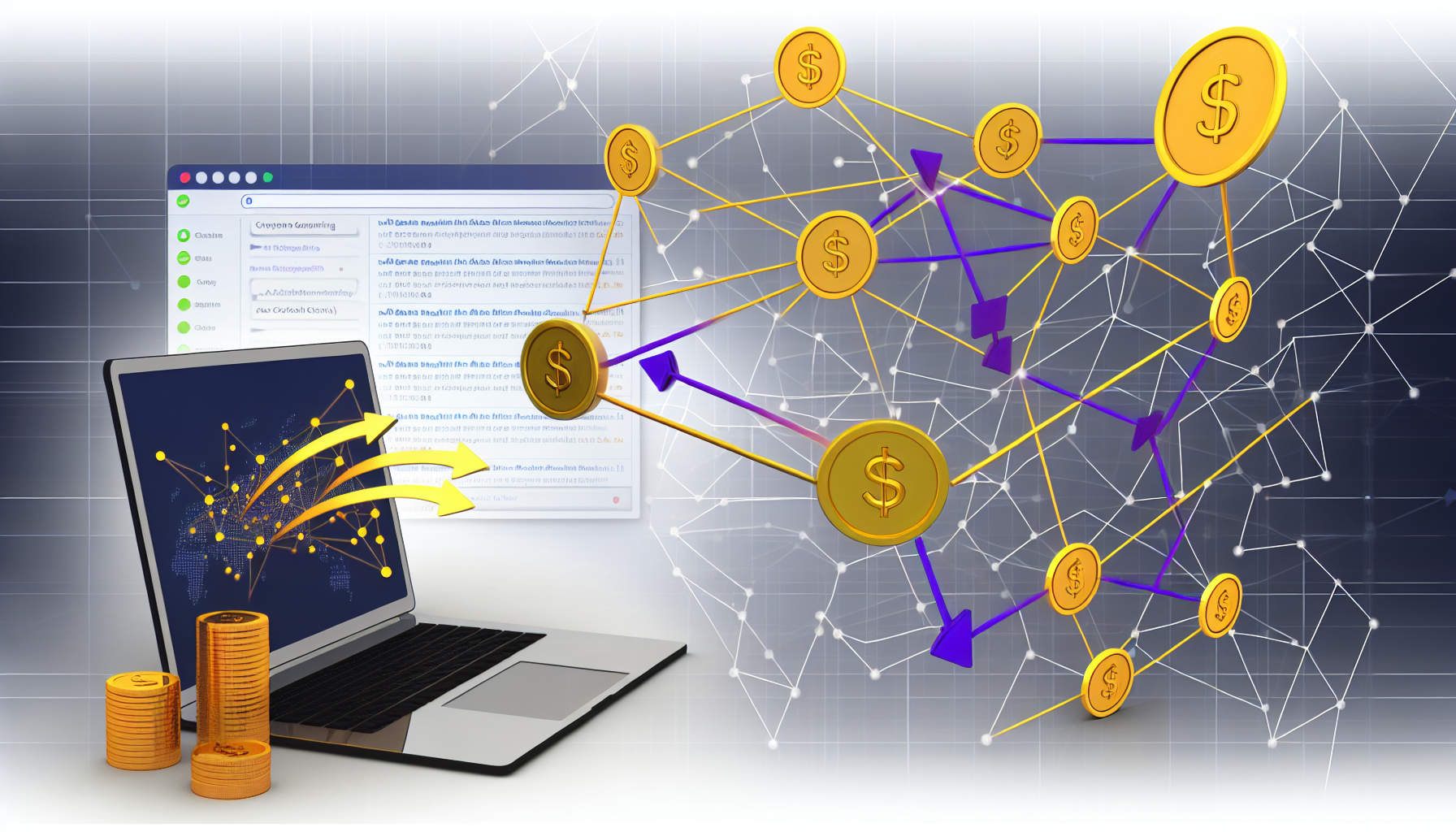Eine digitale Illustration des Konzepts, online Geld zu verdienen mit Affiliate-Marketing. Das Bild zeigt mehrere miteinander verbundene Netzwerknoten, die das Netzwerk von Unternehmen symbolisieren, die am Affiliate-Marketing beteiligt sind. Eine der Knoten ist goldfarben, was einen erfolgreichen Affiliate darstellt, der Geld verdient. Digitale Münzen fließen von anderen Knoten zu diesem, was die erzielten Einnahmen anzeigt. An der Seite befindet sich ein Laptop, der die Online-Natur der Arbeit symbolisiert und eine Seite mit Web-Analysen anzeigt.