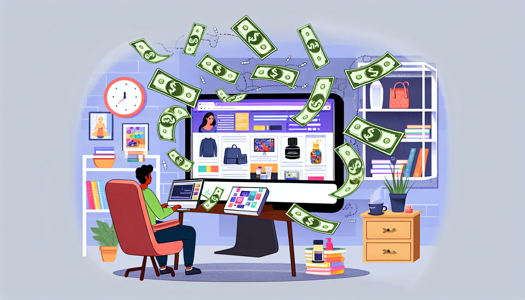 Eine illustrative Szene, die das Konzept des Geldverdienens online durch Affiliate-Marketing präsentiert. In der Mitte steht ein riesiger Computer, der eine Website anzeigt. Eine Vielzahl von Produkten wie Elektronik, Kosmetik und Bücher sind auf der Website abgebildet. Verschiedene Geldscheine fließen aus den Rändern des Bildschirms, was den Aspekt des Geldverdienens symbolisiert. Eine Person südasiatischer Abstammung sitzt auf einem Stuhl und nutzt den Computer, mit Augen voller Aufregung und Entschlossenheit. Der Hintergrund ist ein gemütliches und ordentliches Home-Office mit einer Tasse Kaffee auf dem Tisch.