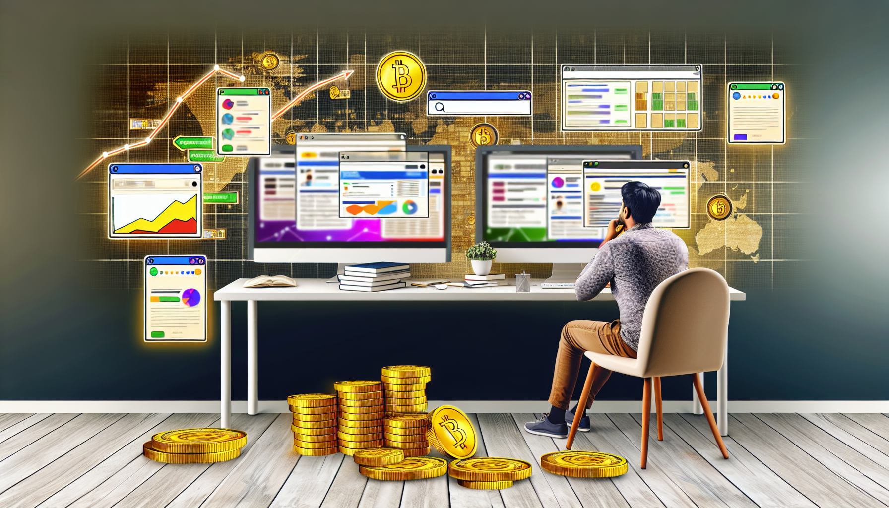 Ein detailliertes Bild, das das Konzept des Geldverdienens im Internet darstellt. Die Szene zeigt einen engagierten südasiatischen Mann, der an einem modernen Arbeitsplatz sitzt und sich auf eine Reihe von Computerbildschirmen konzentriert, die verschiedene Online-Plattformen wie E-Commerce-Websites, Börsenhandelsoberflächen und Dashboards für Online-Marketing zeigen. Im Raum sind verstreut einige Goldmünzen, die digitale Kryptowährung symbolisieren, sowie mehrere Bücher über digitales Marketing und Programmiersprachen. Ein illustriertes Diagramm an der Wand zeigt eine Wachstumskurve, um ein erhöhtes Einkommen darzustellen.