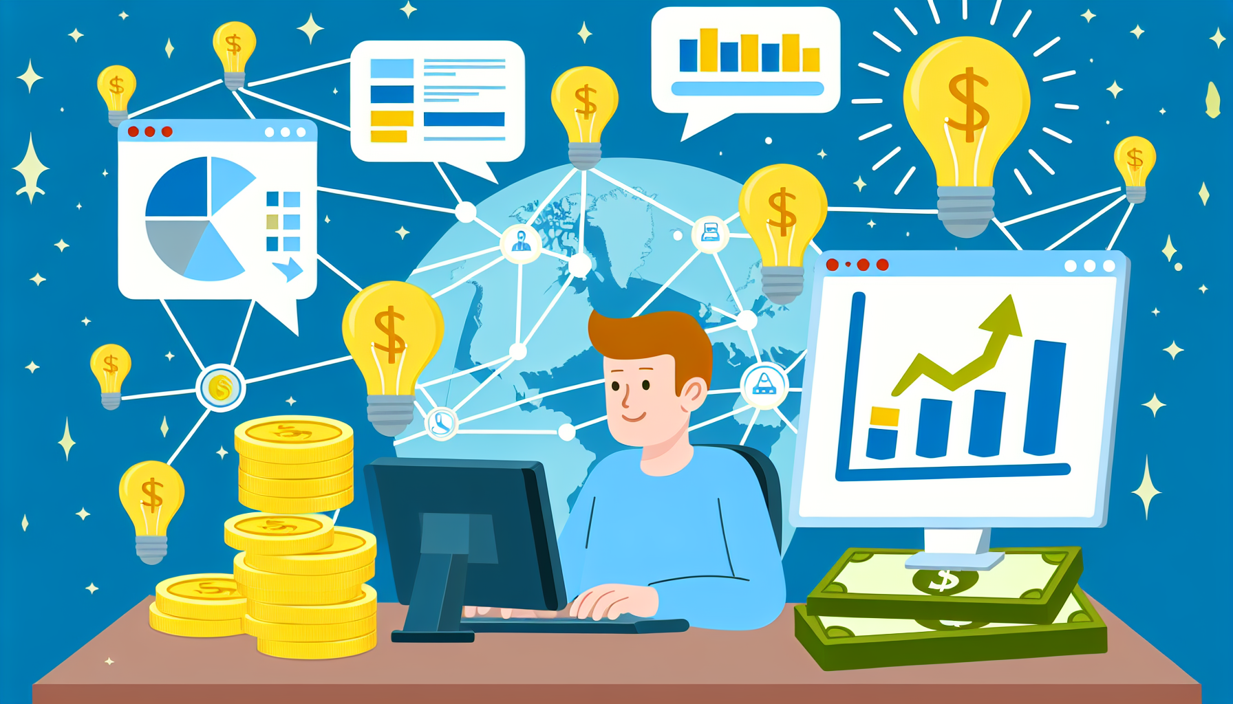 Illustration der Elemente, die mit Affiliate-Marketing und dem Geldverdienen online verbunden sind. Im Vordergrund sitzt ein kaukasischer Mann an einem Computer, auf dessen Bildschirm verschiedene Diagramme das Wachstum der Affiliate-Verkäufe zeigen. Über ihm schweben Glühbirnen, die Ideen und Strategien symbolisieren. In der Nähe befinden sich Stapel von Münzen und Dollar-Scheinen, die die durch dieses Modell erzielten Einnahmen darstellen. Im Hintergrund ist ein globales Netzwerk zu sehen, das die Verbindungen zwischen Vermarktern, Affiliates und Kunden demonstriert.