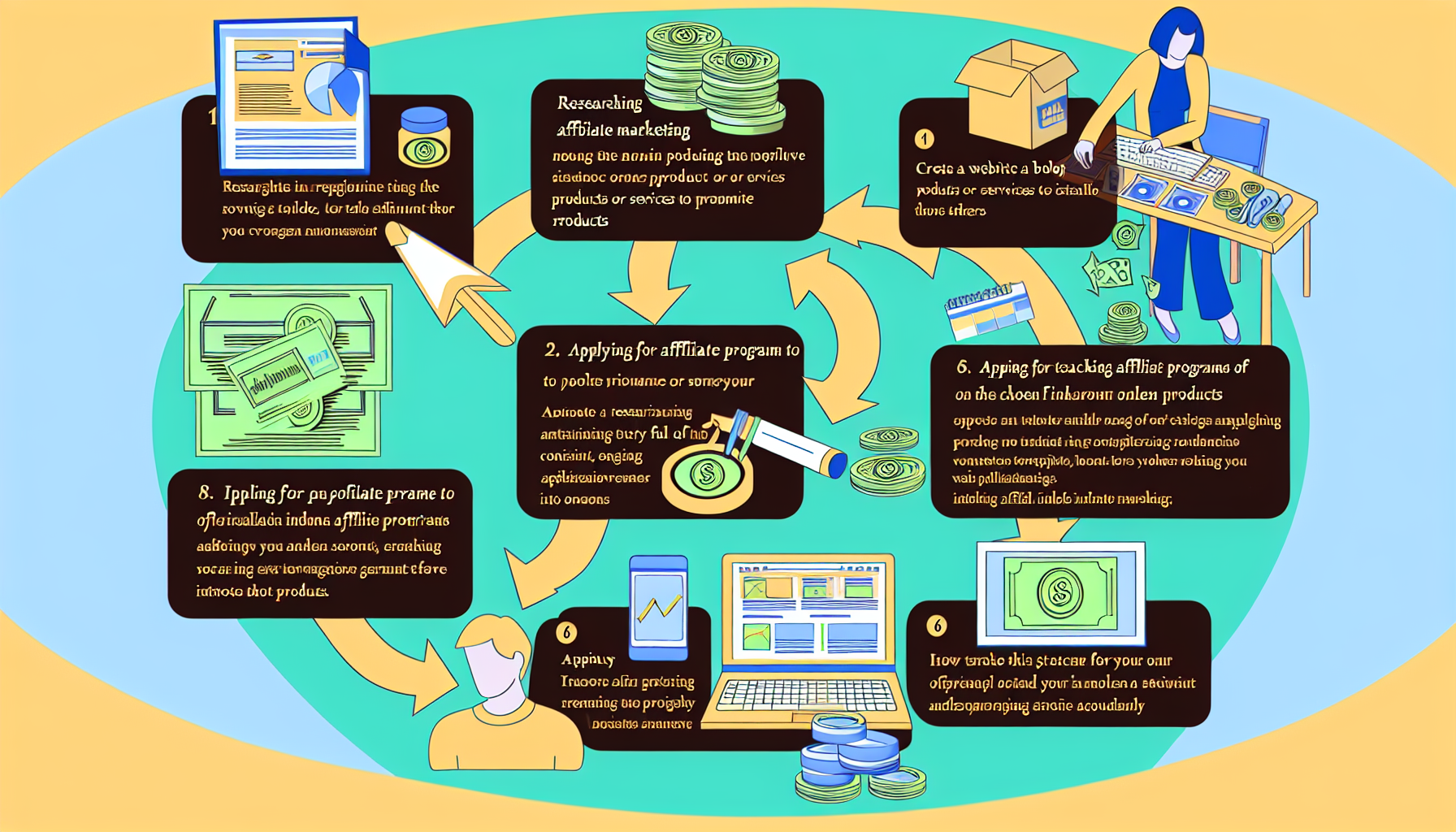 Eine illustrierte Infografik, die verschiedene Schritte zeigt, wie man online Geld durch Affiliate-Marketing verdienen kann. Beginnen Sie mit der Recherche nach beliebten Produkten oder Dienstleistungen auf dem Markt. Erstellen Sie dann eine Website oder einen Blog, um diese Produkte zu bewerben. Achten Sie darauf, einen stetigen Fluss an konsistenten, ansprechenden Inhalten aufrechtzuerhalten, um Leser anzuziehen. Bewerben Sie sich für die Affiliate-Programme der von Ihnen gewählten Produkte und integrieren Sie Affiliate-Links in Ihre Inhalte. Schließlich sollten Sie die Leistung Ihrer Affiliate-Links verfolgen und Ihre Strategie entsprechend anpassen.