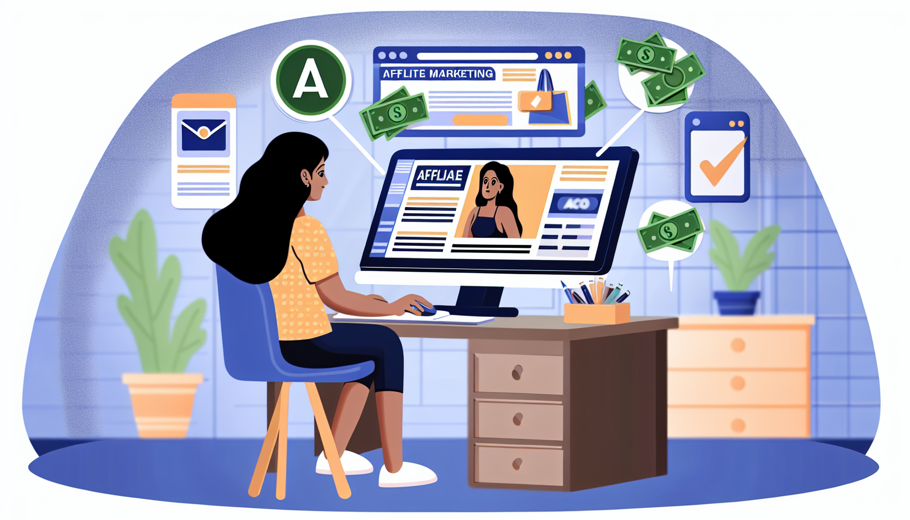 Illustration einer Person, die von zu Hause aus Affiliate-Marketing über Online-Plattformen betreibt. Visualisieren Sie einen Computer, der verschiedene Produktanzeigen zeigt, mit Logos von Affiliate-Marketing-Netzwerken und Symbolen von E-Commerce-Shops. Die Person ist dabei, digital Geld zu verdienen, mit Darstellungen von Währungen, die um den Computer herum erscheinen. Für die Person stellen Sie eine südasianische Frau dar, die in einem lässigen Outfit sitzt und sich in einem gut beleuchteten Raum befindet. Der Gesamteindruck der Szene sollte positiv sein und ein erfolgreiches Affiliate-Marketing-Setup signalisieren.