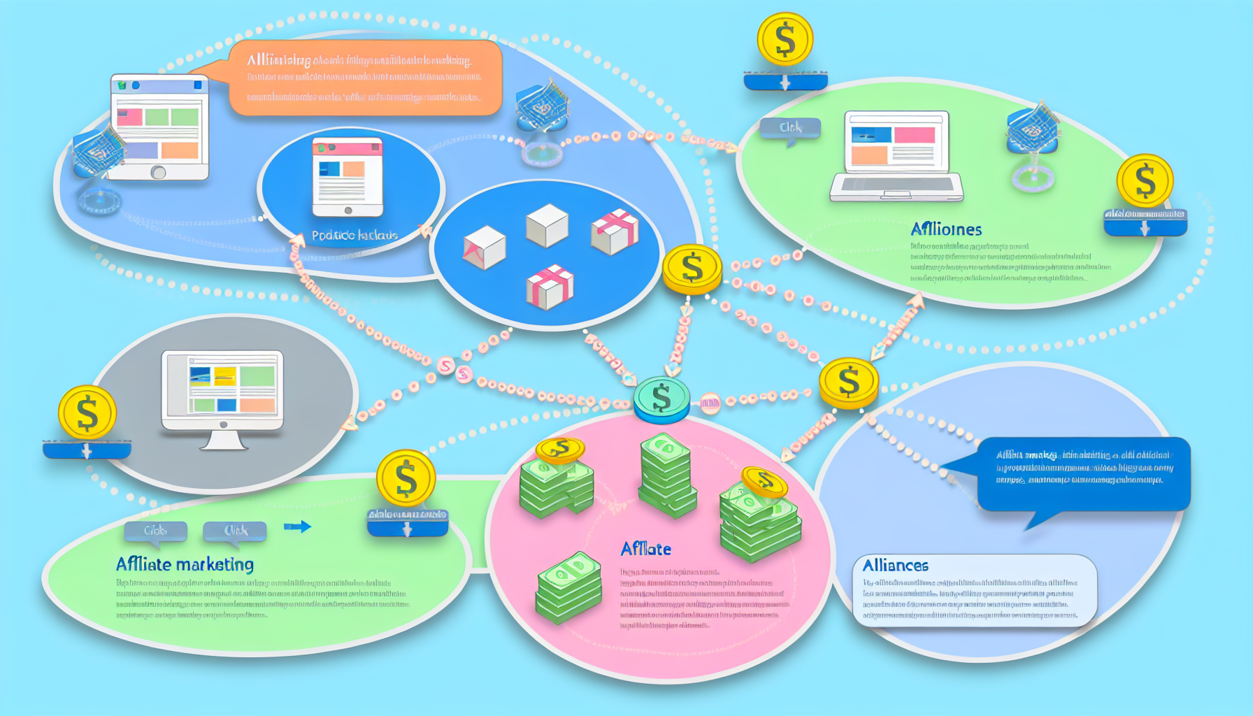 Eine Infografik, die das Konzept des Affiliate-Marketings als Methode zur Geldverdienung im Internet veranschaulicht. Zeigen Sie eine digitale Landschaft mit verschiedenen Arten von Websites (einem Blog, einer E-Commerce-Seite, einer Nachrichten-Website), die durch gestrichelte Linien verbunden sind, um Allianzen zu symbolisieren. Fügen Sie Darstellungen von Klicks hinzu, die zu Produktverkäufen führen, wobei Münzen oder Dollarzeichen aus den Transaktionen hervorgehen, um die Einnahmengenerierung zu symbolisieren. Halten Sie es farbenfroh mit einer Balance aus lebhaften und pastellfarbenen Tönen. Achten Sie darauf, den Fluss des Internetverkehrs und der Einnahmen darzustellen, die von einer Seite zur anderen fließen, um die Dynamik des Affiliate-Marketings genau einzufangen.