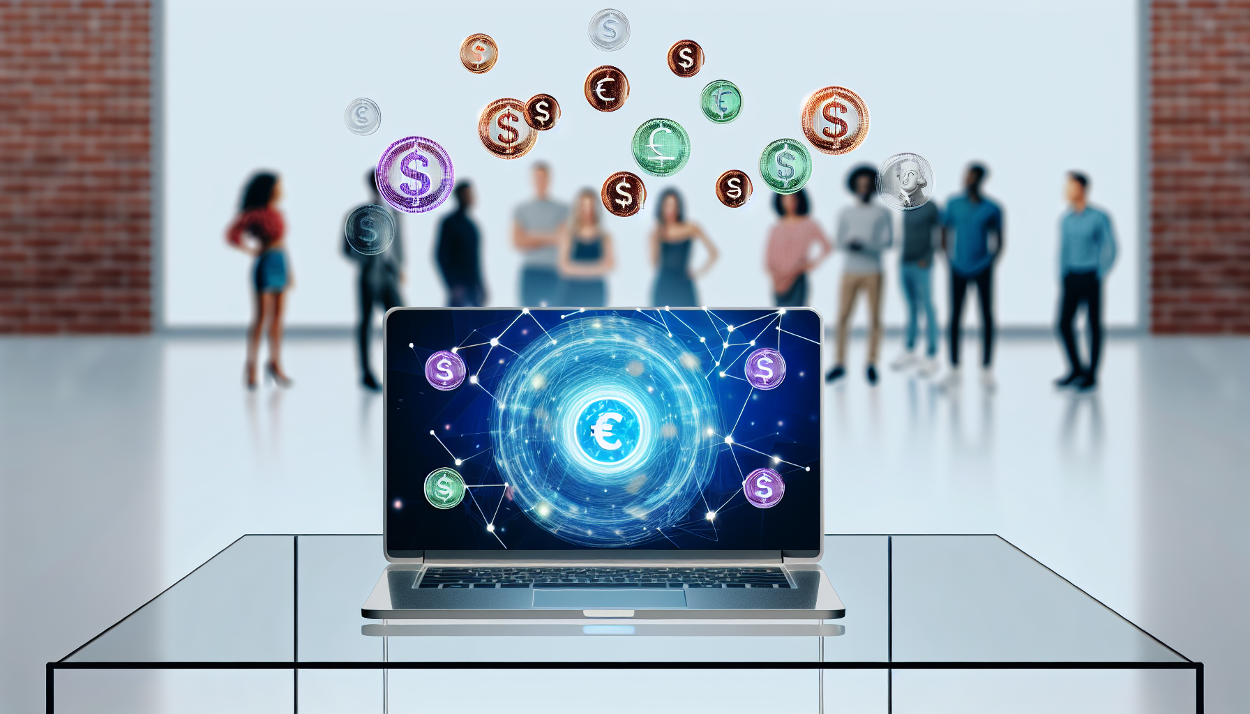 Eine Illustration des Konzepts des Affiliate-Marketings als Methode, online Geld zu verdienen. Zeigen Sie einen modernen, eleganten Laptop auf einem klaren Schreibtisch mit einem hellen Bildschirm, der eine stilisierte, abstrakte Darstellung eines Marketingnetzwerks anzeigt. Fügen Sie auch Symbole verschiedener Währungen wie Dollar, Euro und Yen hinzu, die über dem Laptop-Bildschirm schweben und das Verdienen implizieren. Im Hintergrund sehen wir diverse Personen, die Verbraucher aus der ganzen Welt repräsentieren, wie einen asiatischen Mann, eine weibliche Person aus dem Nahen Osten, einen schwarzen Mann und eine kaukasische Frau.