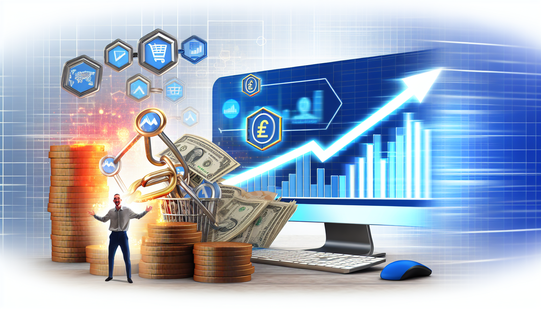 Eine dynamische und detaillierte Illustration, die das Konzept des Geldverdienens online durch Affiliate-Marketing symbolisiert. Das Bild zeigt einen Schreibtisch mit einem Computerbildschirm, der Grafiken und Diagramme anzeigt, die einen Anstieg der Einnahmen darstellen. Neben dem Computer ist ein Stapel Münzen und Banknoten zu sehen, der das verdiente Geld symbolisiert. Affiliate-Marketing-bezogene Symbole wie Linkketten und Einkaufskörbe sind subtil in das Bilddesign integriert. Außerdem ist neben dem Schreibtisch eine Person kaukasischer Abstammung zu sehen, die legere Kleidung trägt und begeistert die steigenden Diagramme auf dem Computerbildschirm beobachtet.