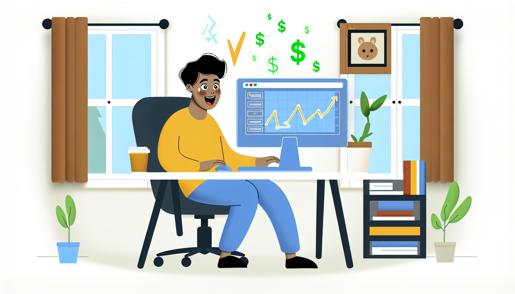Eine Illustration einer Person hispanischer Abstammung, die vor einem Computer in einem hellen, gemütlichen Homeoffice sitzt. Die Person hat einen aufgeregten Gesichtsausdruck, während sie auf einer Finanzwebsite steigende Gewinne sieht. Neben ihr steht eine Kaffeetasse und ein Notizbuch, was auf nächtliche Arbeit hindeutet. Digitale Codes und Währungen schweben im Raum und symbolisieren das Konzept, online Geld zu verdienen. Außerdem stehen im Hintergrund einige Bücher auf einem Regal, die kontinuierliches Lernen betonen. Die Fenster sind geöffnet und lassen frische Luft herein, während einige grüne Zimmerpflanzen auf eine gesunde Arbeitsumgebung hinweisen.
