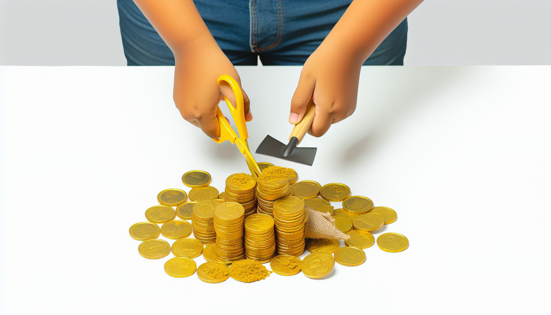Das Konzept der Schuldenreduzierung, dargestellt als ein Haufen großer goldener Münzen, der langsam verschwindet, während ein Paar Hände leidenschaftlich arbeitet und verschiedene finanzielle Werkzeuge wie Scheren, eine Schaufel und einen Besen verwendet.