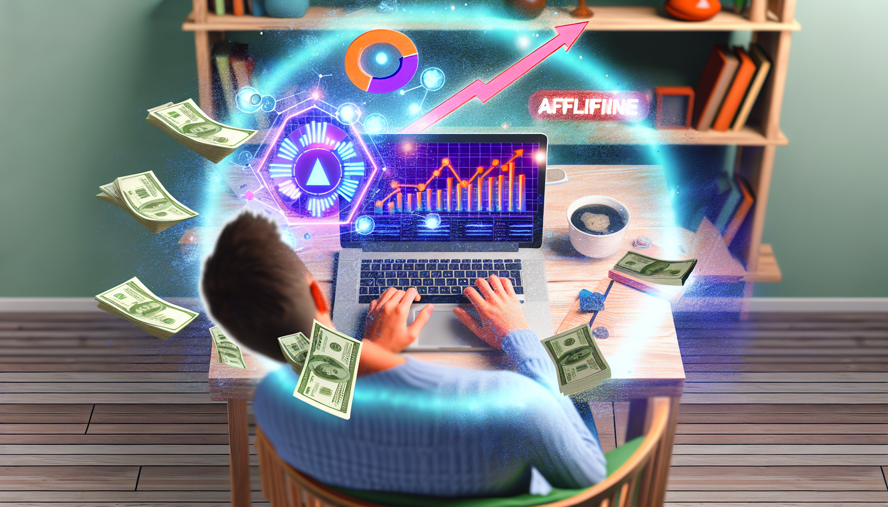 Eine illustrative Darstellung einer Person, die in ihren Laptop vertieft ist, auf dem lebendige grafische Trends und analytische Daten zu sehen sind, die darauf hindeuten, dass sie im Affiliate-Marketing tätig ist. Münzen und Geldscheine strömen vom Laptop-Bildschirm, was die finanziellen Gewinne symbolisiert, die daraus erzielt werden. Die Person könnte jeder Herkunft und Geschlechts sein und lebt in einem gut ausgestatteten Homeoffice, das einen erfolgreichen digitalen Unternehmer symbolisiert. Die Umgebung ist gefüllt mit Büchern, Kaffee und anderen Elementen eines produktiven Arbeitsplatzes.