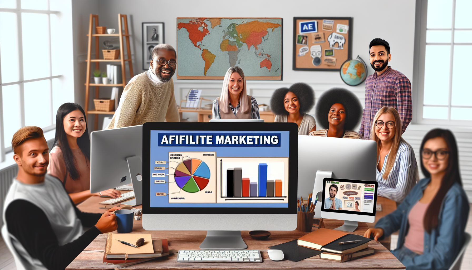 Stellen Sie sich eine Szene vor, die das Konzept des Affiliate-Marketings im Internet als Möglichkeit darstellt, online Geld zu verdienen. Eine vielfältige Gruppe von Individuen – Männer und Frauen unterschiedlicher Abstammung, darunter Kaukasier, Hispanics, Schwarze, Menschen aus dem Nahen Osten und Südasien – sitzt begeistert vor ihren Computern. Die Bildschirme zeigen Kreis- und Balkendiagramme, die das Wachstum ihres Online-Einkommens durch verschiedene Kanäle wie Blogs, soziale Medien und Online-Shops veranschaulichen. Die Umgebung könnte ein modernes Home-Office sein, ausgestattet mit Inspirationsboards, Weltkarten, Notizbüchern und einer Kaffeetasse auf dem Schreibtisch.