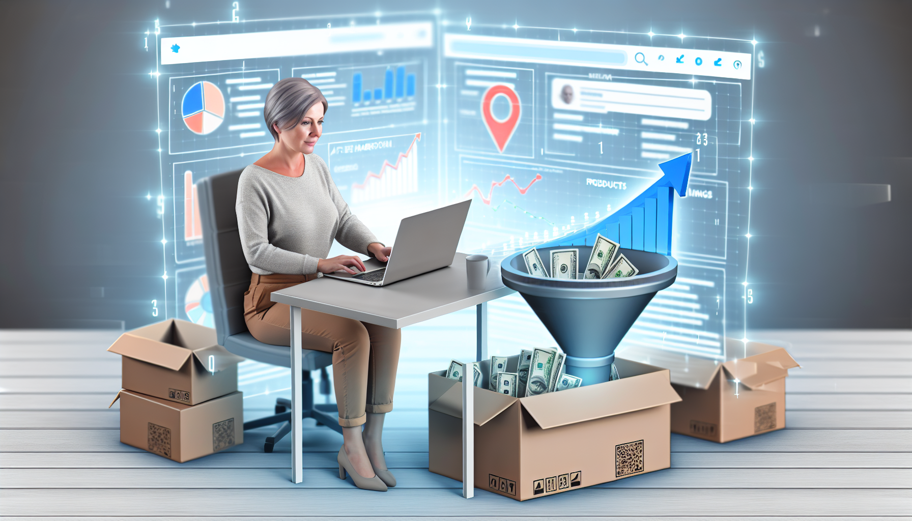 Eine Illustration, die die Konzepte des Affiliate-Marketings als Methode zum Geldverdienen online zeigt. Eine kaukasische Frau sitzt an einem Schreibtisch im Homeoffice und nutzt ihren Laptop. Auf dem Computerbildschirm ist ein Diagramm zu sehen, das das Umsatzwachstum zeigt, sowie mehrere Website-Anzeigen. Sie sieht konzentriert und engagiert aus, während sie ihren Fortschritt verfolgt. Um sie herum stehen Produktboxen, die bereit für Werbebewertungen sind. In der Nähe befindet sich ein konzeptioneller Trichter, der den Prozess der Kundenkonversion darstellt. Dieses Bild ist durch digitale Elemente wie Einsen und Nullen durchzogen, die den Online-Aspekt des Jobs symbolisieren.