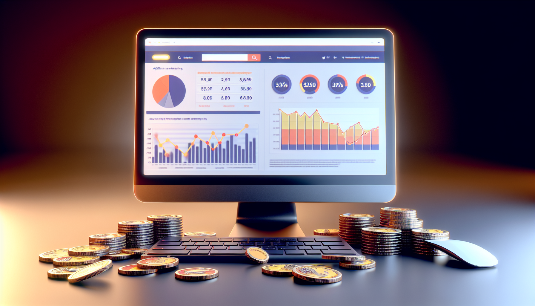 Ein Bild, das das Konzept des „Online-Geldverdienens durch Affiliate-Marketing“ darstellt. Es könnte einen Computer zeigen, der eine gut gestaltete Webseite mit Grafiken, Statistiken und Leistungskennzahlen anzeigt, die auf eine florierende Affiliate-Marketing-Kampagne hinweisen. Rund um den Computer könnten Stapel von Münzen und Banknoten dargestellt werden, um die finanzielle Produktivität des Affiliate-Marketings zu symbolisieren. Die Szene könnte in warmes Licht getaucht sein, was Wohlstand und Erfolg suggeriert. Bitte vermeiden Sie spezifische Logos oder Marken, um ein generisches, aber professionelles Erscheinungsbild zu wahren.