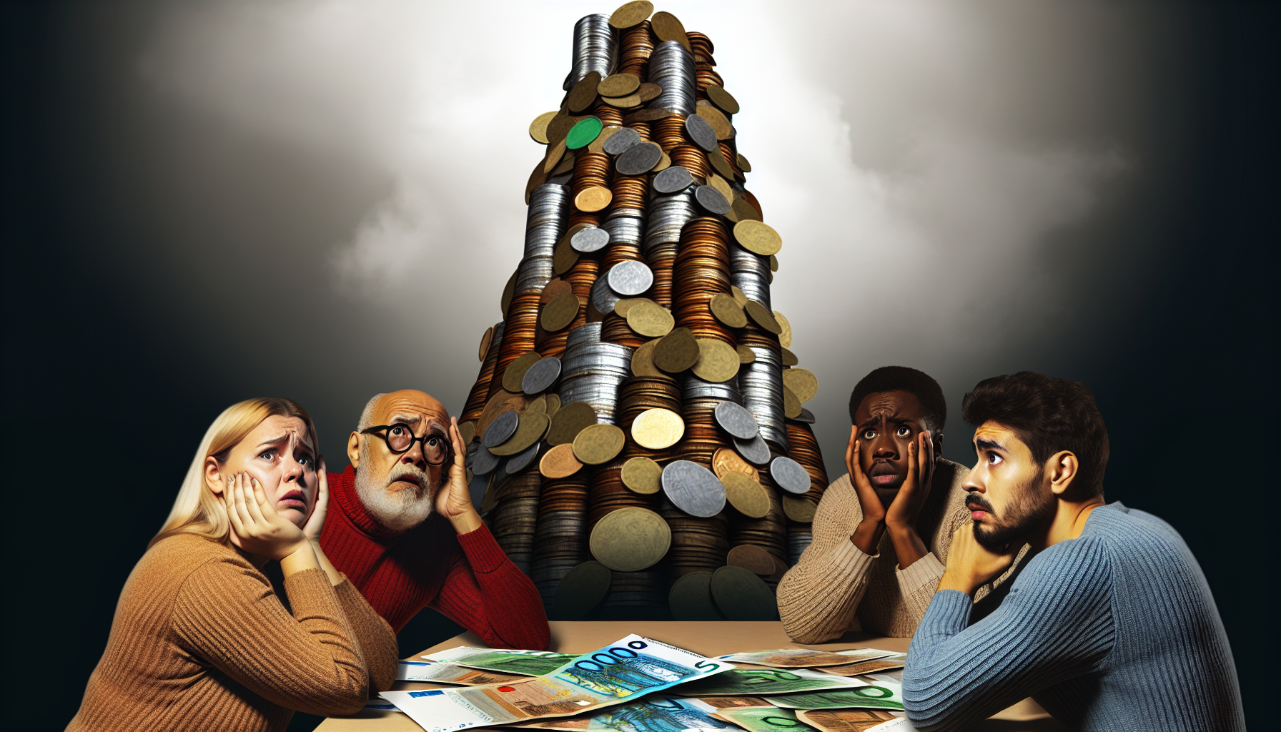 Eine Illustration des Konzepts hoher Schulden. Die Szene zeigt einen riesigen Haufen altmodischer Münzen und Banknoten, der instabil wackelt und finanzielle Unsicherheit symbolisiert. Rund um den Haufen steht eine vielfältige Gruppe von Menschen – eine besorgte kaukasische Frau, ein nachdenklicher hispanischer Mann, eine südasianische Frau, die verzweifelt den Kopf in die Hände stützt, ein schwarzer Mann, der ehrfurchtsvoll nach oben schaut, und ein nahöstlicher Mann mit intensiver Besorgnis im Gesicht – die alle auf den bedrohlichen Haufen starren und unterschiedliche Reaktionen auf die Situation darstellen. Die Atmosphäre ist angespannt und spiegelt den Druck der enormen Schulden wider.