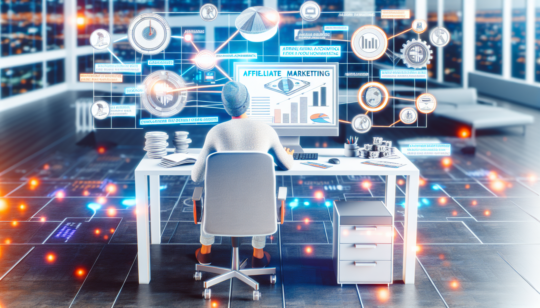 Eine detaillierte konzeptionelle Darstellung des Geldverdienens online durch Affiliate-Marketing. Die Szene zeigt eine Person mit mittlerer orientalischer Abstammung, die an einem modernen Schreibtisch sitzt und vertieft an einem Computer arbeitet. Auf dem Computerbildschirm sind verschiedene Grafiken und Diagramme zu sehen, die Leistungskennzahlen anzeigen. In der Nähe auf dem Schreibtisch befindet sich eine detaillierte Infografik, die das Konzept des Affiliate-Marketings darstellt und Elemente wie Links, Provisionen, Produkte und einen Online-Shop umfasst. Das gesamte Setting strahlt eine lebendige, geschäftige Energie aus, die auf die florierende Welt des Online-Geschäfts hinweist.