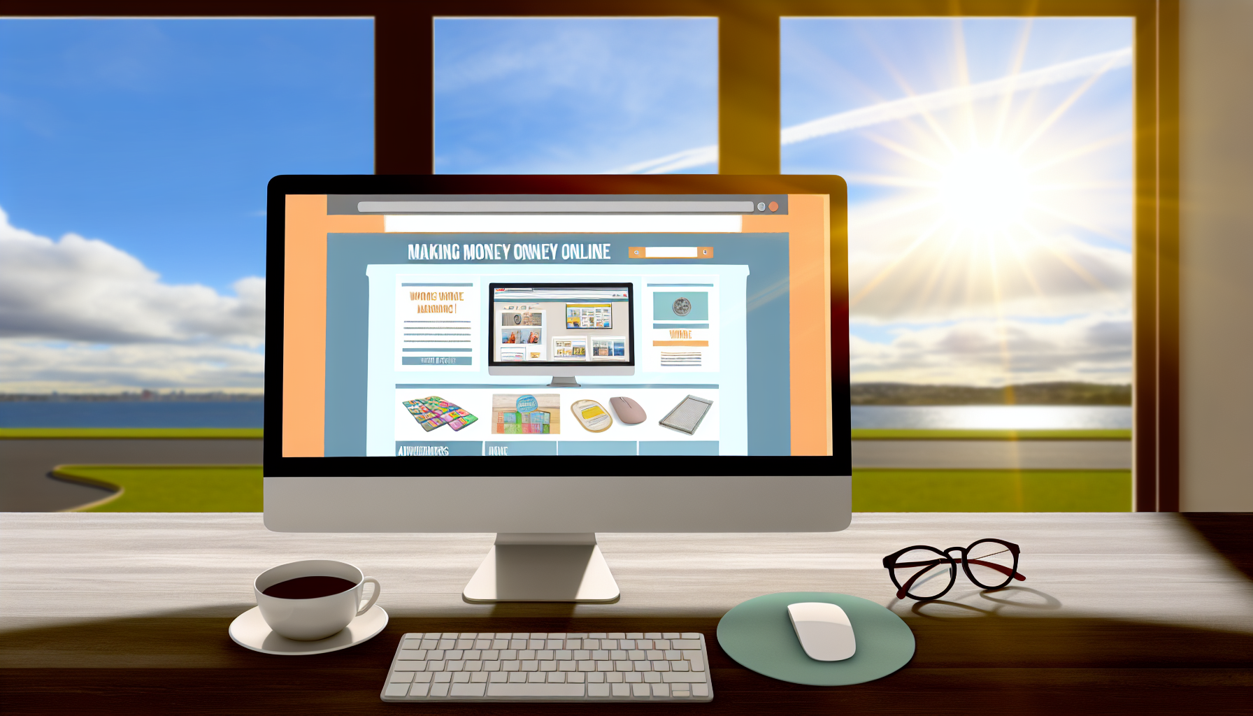 Zeigen Sie eine lebendige Grafik eines Computerbildschirms, der ein Tutorial zum Geldverdienen online durch Affiliate-Marketing präsentiert. Auf dem Bildschirm sollte eine Darstellung einer Website zu sehen sein, die verschiedene Produktanzeigen als Teil der besprochenen Marketingstrategie enthält. Fügen Sie zusätzliche Objekte wie eine Maus, eine Tasse Kaffee neben der Tastatur und eine Brille, die auf dem Schreibtisch liegt, hinzu. Illustrieren Sie außerdem eine Person hispanischer Abstammung, die geschlechtsneutral dargestellt wird, und die fleißig arbeitet und mit dem Computerbildschirm interagiert. Draußen am Fenster sollte ein sonniger Nachmittag dargestellt werden, um Optimismus und harte Arbeit zu symbolisieren.