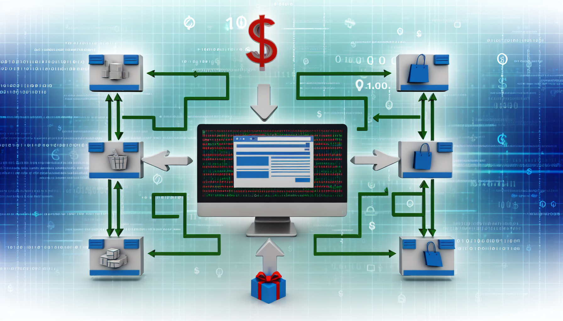 Eine Illustration, die das Konzept des Geldverdienens online durch Affiliate-Marketing visualisiert. In der Mitte könnte ein Computerbildschirm zu sehen sein, der eine Einkaufswebsite anzeigt. Um den Computer herum sind Pfeile, die nach außen zu mehreren kleineren Objekten zeigen, die verschiedene Produkte symbolisieren. Jedes Produkt sollte mit einem Dollarzeichen verbunden sein, das die Einnahmen darstellt. Fügen Sie Darstellungen der digitalen Welt hinzu, die durch Pixel, Binärcodes und technologiebezogene Elemente repräsentiert wird, um die Online-Natur des Affiliate-Marketings zu betonen.
