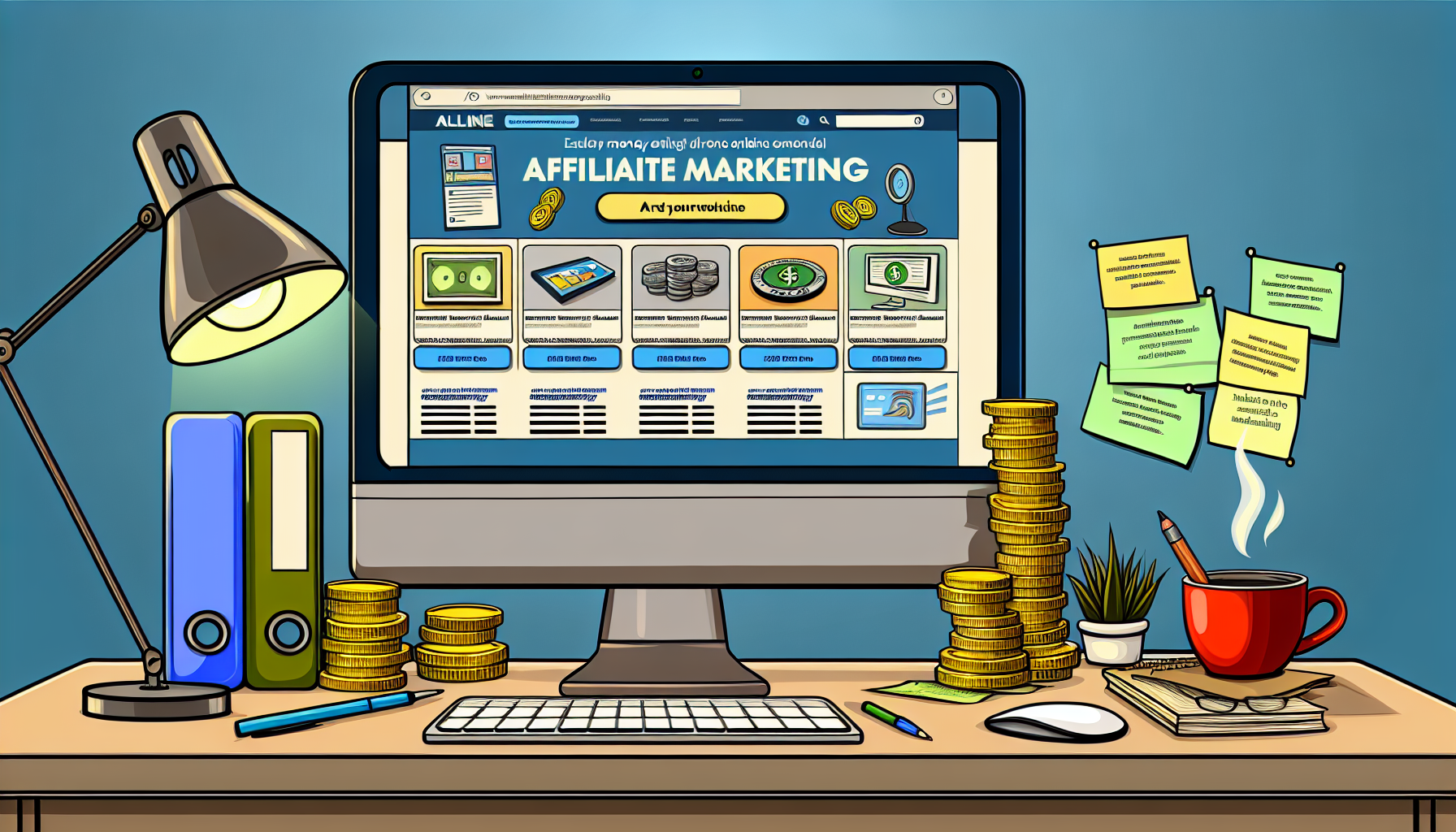 Eine bildungsreiche Illustration, die das Konzept des Geldverdienens online durch Affiliate-Marketing veranschaulicht. Das Bild sollte einen modernen Desktop-Computer zeigen, der eine Webseite mit verschiedenen klickbaren Bannern anzeigt, die unterschiedliche Produkte bewerben. Neben dem Computer sollte ein Stapel Münzen zu sehen sein, der die durch Affiliate-Marketing erzielten Einnahmen anzeigt. Die Umgebung sollte einen komfortablen Arbeitsplatz mit einer Lampe, einer Tasse Kaffee und verschiedenen Notizen zu Marketingstrategien darstellen. Die gesamte Szene sollte in einem comicartigen, lebhaften und klaren Stil dargestellt werden.