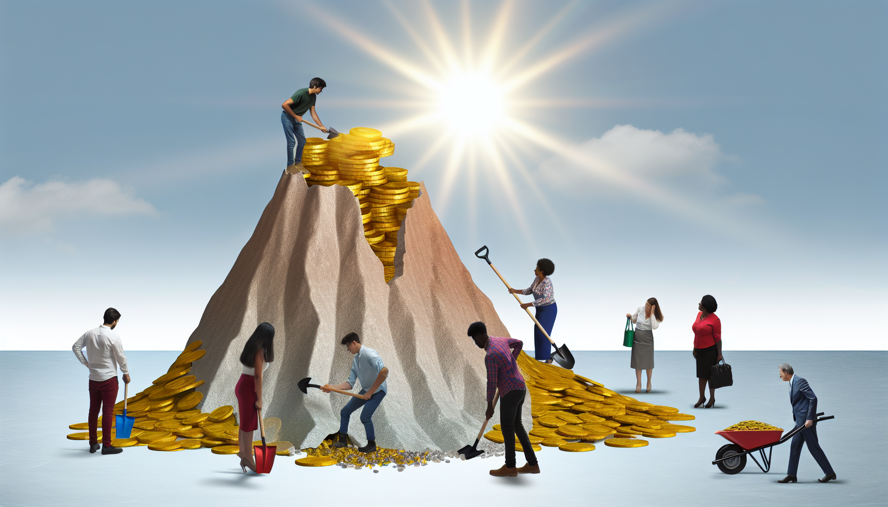 Eine Visualisierung des Konzepts der Schuldenreduzierung, dargestellt durch einen großen, bröckelnden Berg aus goldenen Münzen. Eine vielfältige Gruppe von Menschen, darunter eine junge südasiatische Frau, ein mittelalter Mann kaukasischer Abstammung und eine ältere schwarze Frau, entfernt systematisch Münzen von der Basis des Berges mit Schaufeln und Schubkarren. Eine helle, strahlende Sonne steht über ihnen und symbolisiert Hoffnung und Optimismus in der Ferne.