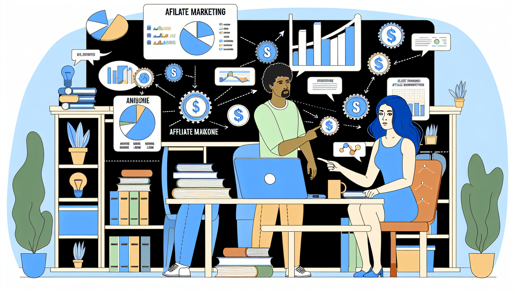 Eine detaillierte Illustration, wie man online Geld durch Affiliate-Marketing verdienen kann. Eine kaukasische Frau sitzt in einem Home-Office mit einem Laptop, der Grafiken zum Einkommen aus Affiliate-Marketing anzeigt. Neben ihr steht ein hispanischer Mann, der Strategien erklärt und auf den Laptop-Bildschirm zeigt. An den Wänden um sie herum sind Diagramme und Grafiken angebracht, die den Prozess des Affiliate-Marketings visualisieren. Auf dem Tisch liegen Bücher über digitales Marketing und eine Kaffeetasse. Der Hintergrund ist mit bedeutungsvollen Symbolen gefüllt, die verschiedene Aspekte des Affiliate-Marketings darstellen, wie einen Einkaufswagen, ein Klick-Link-Symbol und ein Geldzeichen.