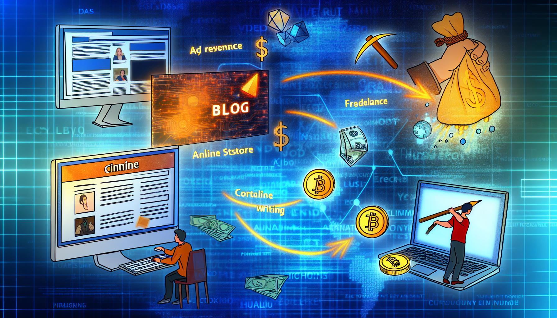 Eine konzeptionelle Illustration von verschiedenen Möglichkeiten, online Geld zu verdienen. Stellen Sie sich einen Computerbildschirm vor, der einen erfolgreichen Blog, einen beliebten Online-Shop und den Prozess des freiberuflichen Content-Schreibens zeigt. In der Nähe sieht man eine Person, die auf eine Website klickt, die Werbeeinnahmen generiert, und eine andere Person, die digitale Kunst erstellt, um sie auf einem Online-Marktplatz zu verkaufen. AuÃerdem wird das Mining von Kryptowährungen dargestellt, symbolisiert durch eine digitale Spitzhacke, die Münzen ausgräbt. Am Rand des Bildes sind Symbole verschiedener Währungen wie Dollar, Euro und Yen zu sehen, um die potenziellen globalen Verdienstmöglichkeiten darzustellen.