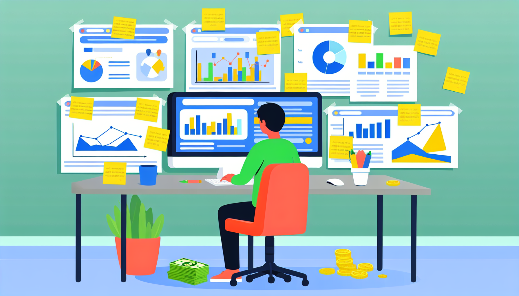 Illustration einer Person, die an einem Computer sitzt und eine Affiliate-Marketing-Strategie recherchiert und plant. Verschiedene Datencharts und Grafiken werden auf dem Computerbildschirm angezeigt, die Webtraffic, Klickrate und Verkaufsumwandlungen symbolisieren. Hinter der Person befindet sich eine Wand mit Haftnotizen, die verschiedene Produkte oder Unternehmen darstellen, mit denen sie Affiliate-Partnerschaften eingeht. Auf dem Tisch liegen Münzen und Geldscheine, die die Einnahmen aus erfolgreichem Affiliate-Marketing symbolisieren. Das Bild spiegelt das moderne digitale Zeitalter und den Unternehmergeist wider.
