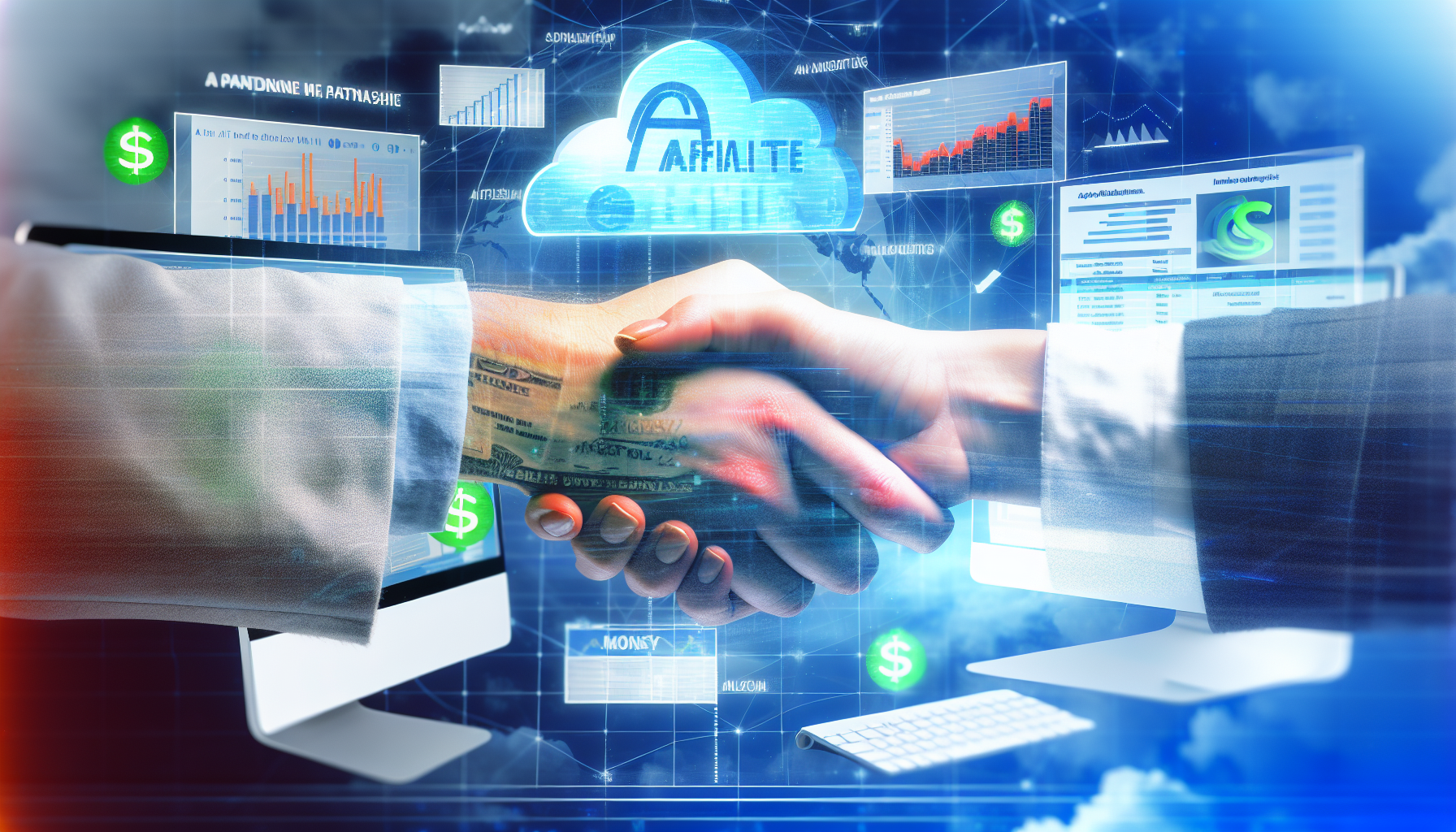 Ein Konzeptbild, das das Online-Einkommen durch Affiliate-Marketing veranschaulicht. Das Bild zeigt zwei Hände, die sich schütteln und eine Partnerschaft symbolisieren, im Hintergrund sind Computerbildschirme mit Grafiken und Statistiken zu sehen. Über dieser Szene schwebt eine digitale Wolke, die das Internet repräsentiert, aus der Geldsymbole herausfließen. Die gesamte Komposition soll ein Gefühl von florierendem digitalem Geschäft, Online-Zusammenarbeit und einem erfolgreichen Geldverdigungsprozess vermitteln.