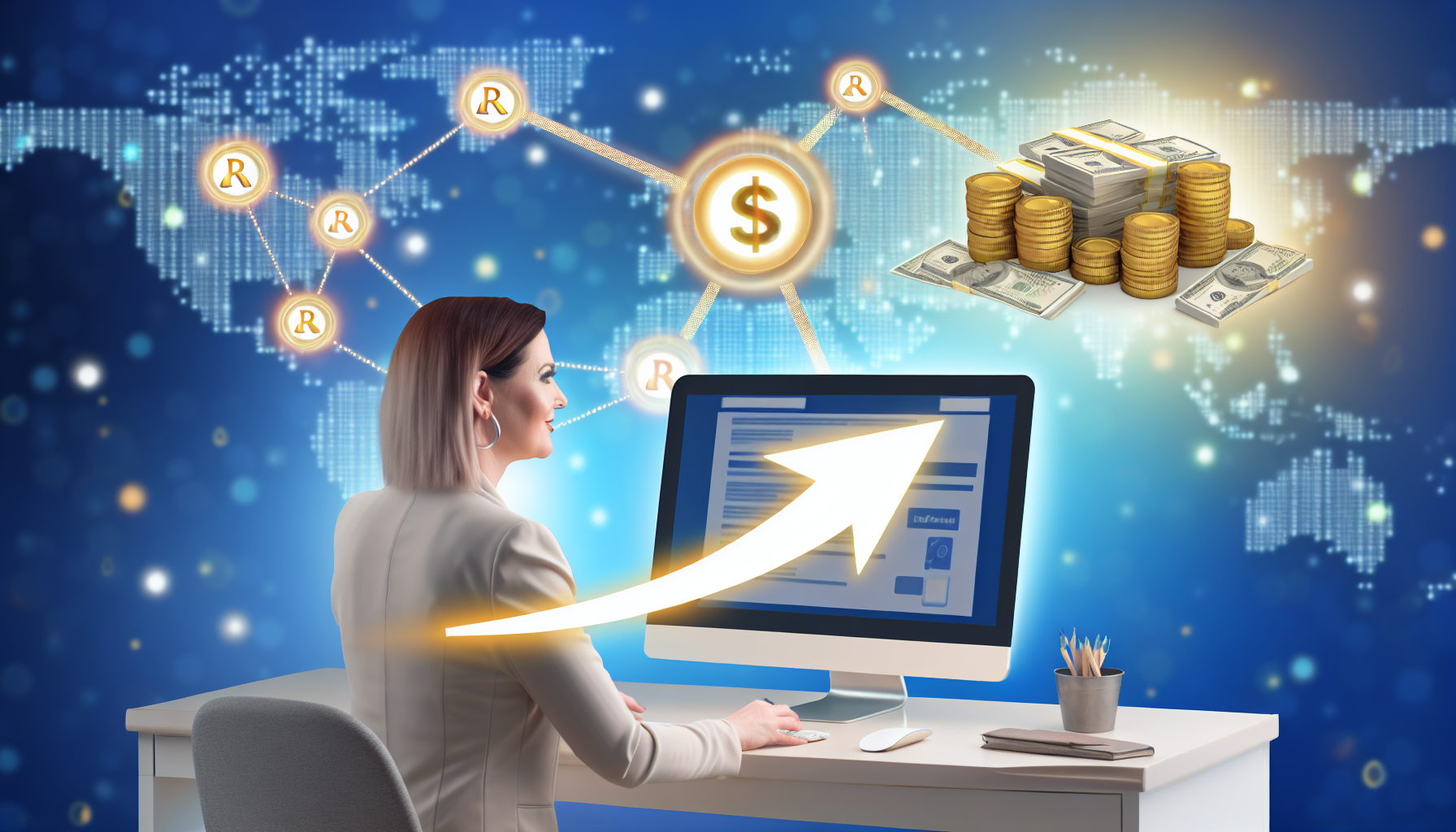 Eine digitale Illustration, die das Konzept des Online-Affiliate-Marketings als Methode zur Geldverdienung zeigt. Das Bild zeigt eine kaukasische Frau, die an einem modernen Schreibtisch sitzt und eine Website navigiert, die mit Symbolen für verschiedene Produkte gestaltet ist. Ein Pfeil symbolisiert den Empfehlungslink, der von ihrem Computerbildschirm zu einem Haufen Goldmünzen und Dollar-Scheinen führt. Im Hintergrund sollten schwache Darstellungen globaler Kunden zu sehen sein, die über das Internet verbunden sind, um das weltweite Potenzial des Affiliate-Marketings zu demonstrieren.