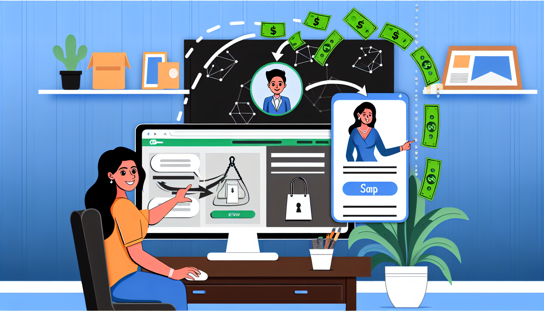 Eine Illustration, die das Konzept des Online-Verdienens durch Affiliate-Marketing zeigt. Das Bild zeigt einen Computerbildschirm, der eine Website mit einer Vielzahl von beworbenen Produkten anzeigt. Neben dem Bildschirm ist eine Person südasiatischer Abstammung und weiblichen Geschlechts dargestellt, die auf einen Link zum beworbenen Produkt klickt und anschließend eine Provision verdient. Die Person ist glücklich, was den Erfolg und die Rentabilität des Affiliate-Marketings anzeigt. Im Hintergrund regnet es kontinuierlich Dollar, was ein stabiles Einkommen symbolisiert. Alle Elemente sind in einem modern gestalteten, ordentlichen Home-Office-Setup angeordnet.