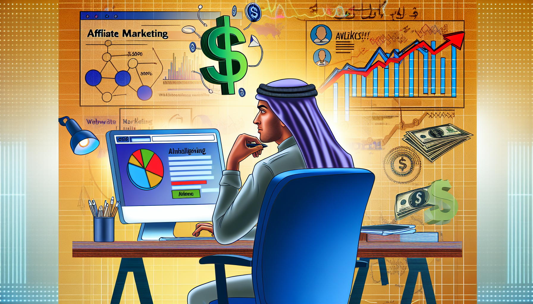 Eine Illustration des Konzepts, online Geld zu verdienen durch Affiliate-Marketing. Diese sollte eine Person mittleren Ostens zeigen, die vertieft in Strategien an ihrem Computer arbeitet, mit Website-Analysen, Grafiken und Dollarzeichen, die auf ihren Bildschirmen sichtbar sind. Der Hintergrund könnte verschiedene Marketing-Tools und -Utensilien enthalten, die das Thema verstärken. Die gesamte Umgebung sollte eine professionelle und fokussierte Atmosphäre vermitteln.