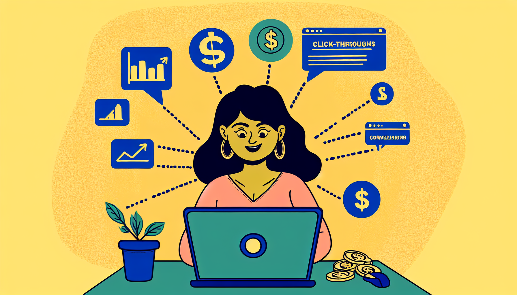 Erstellen Sie eine detaillierte digitale Illustration, die das Konzept des Geldverdienens online durch Affiliate-Marketing darstellt. Stellen Sie eine südasianische Frau dar, die an einem Laptop sitzt und an ihrem Blog arbeitet. Sie analysiert glücklich Wachstumsdiagramme und Cashflow auf ihrem Bildschirm. In der Nähe visualisieren Sie metaphorische Symbole wie Klicks und Konversionen, die in Dollar-Münzen umgewandelt werden. Zeigen Sie Weblinks, die wie Strahlen vom Laptop ausgehen und zu verschiedenen Produkten oder Dienstleistungen führen, die durch kleine Icons symbolisiert werden.