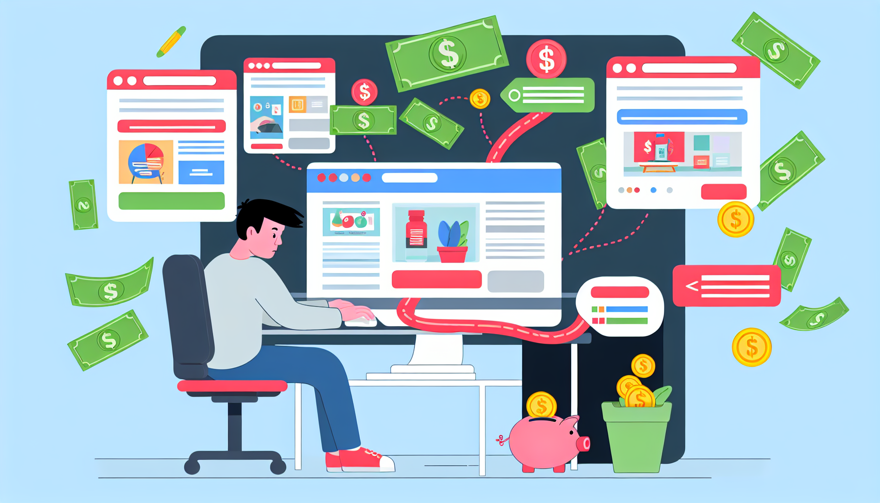 Illustration des Konzepts des Online-Geldverdienens durch Affiliate-Marketing. Stellen Sie sich ein Szenario vor, in dem ein kaukasischer Mann beschäftigt an seinem Computer arbeitet, auf dem Bildschirm sind verschiedene Produkte angezeigt. Er hat verlinkte Produkte und Banner auf seiner Blog-Seite. Über der Szene sind verschiedene Geldsymbole wie Dollar-Scheine, Münzen und Währungszeichen zu sehen, die vom Computer in eine Sparschwein fließen und so die Ansammlung von Einnahmen symbolisieren.