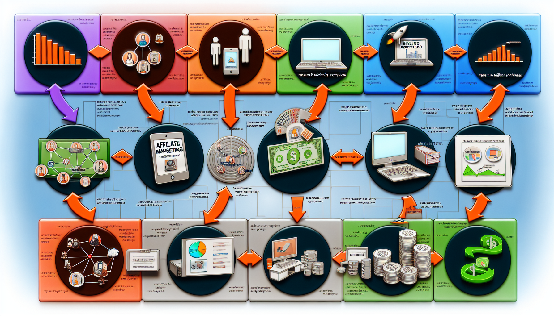 Eine detaillierte Infografik, die den Prozess des Geldverdienens online durch Affiliate-Marketing veranschaulicht. Sie sollte eine Reihe von miteinander verbundenen Schritten enthalten, die mit relevanten Symbolen hervorgehoben sind, beginnend mit der Auswahl eines Nischenprodukts oder -dienstes, gefolgt von der Erstellung einer Website oder eines Blogs, dann der Bewerbung für Affiliate-Marketing-Programme und schließlich der Promotion von Produkten oder Dienstleistungen, die zur Generierung von Gewinnen führen. Das Bild sollte mit digitalen Geräten gefüllt sein, die den Prozess darstellen, verschiedene traditionelle und innovative Marketingtechniken zeigen sowie visuelle Darstellungen wie Tortendiagramme und Balkendiagramme enthalten, um die Einnahmenerfassung zu veranschaulichen.