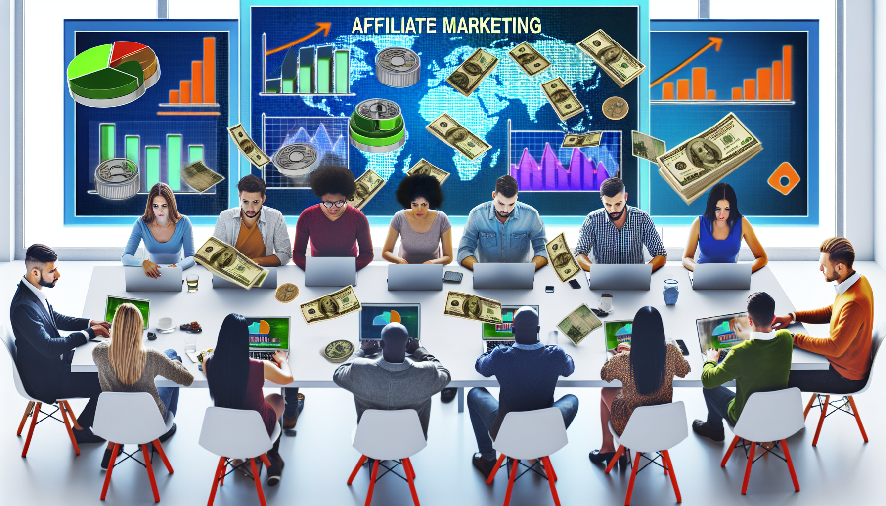 Eine Szene, die das Konzept des Geldverdienens online durch Affiliate-Marketing darstellt; eine vielfältige Gruppe von Menschen unterschiedlicher Herkunft, darunter Kaukasier, Hispanics, Schwarze, Menschen aus dem Nahen Osten und Südasien, die an ihren Laptops arbeiten. Jeder Bildschirm zeigt verschiedene Diagramme, Grafiken und digitale Marketingstrategien. Oben gibt es ein Banner mit der Aufschrift 'Affiliate Marketing'. Im Hintergrund fallen sanft verschiedene Währungen, die Einkommen symbolisieren. Die Umgebung ist ein modernes, kreatives Arbeitsumfeld mit einer freundlichen, kooperativen Atmosphäre.
