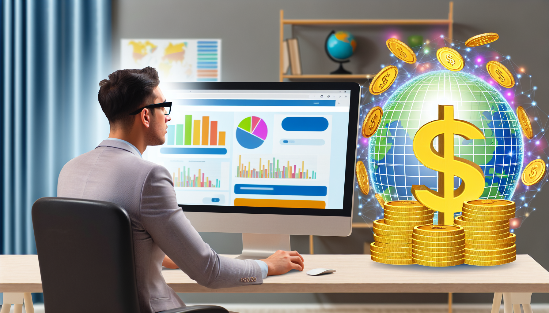 Ein Bild, das das Konzept des Geldverdienens online durch Affiliate-Marketing darstellt. In der Mitte sitzt ein kaukasischer Mann hinter einem modernen Desktop-Computer in einem gut beleuchteten Homeoffice. Er betrachtet eine farbenfrohe Webseite mit Grafiken und Diagrammen, die den Fortschritt der Einnahmen anzeigen. An der Seite befindet sich ein Stapel Goldmünzen mit einem Dollarzeichen, das das potenzielle Einkommen symbolisiert. Auf der anderen Seite ist das Symbol für globale Vernetzung zu sehen, das den Online-Aspekt dieses Vorhabens zeigt. Der Hintergrund zeigt verschiedene andere Symbole des Affiliate-Marketings, wie einen Einkaufswagen, der die Förderung von Produkten hervorhebt.