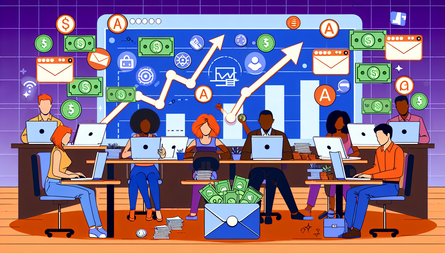 Eine Illustration, die das Konzept des Geldverdienens online durch Affiliate-Marketing präsentiert. In der Szene sitzt eine vielfältige Gruppe von Menschen an ihren Schreibtischen und arbeitet an ihren Laptops. Um ihre Schreibtische schweben verschiedene Symbole für Online-Kommunikation und Marketing, wie E-Mail-Icons, Hashtags und Website-Icons. Auf einem großen Bildschirm darüber sehen wir ein Balkendiagramm, das einen positiven Einkommenstrend zeigt und auf die steigenden Einnahmen durch Affiliate-Marketing hinweist. Einige Geldscheine und Münzen sind auf dem Tisch verstreut, was das Einkommen aus dem Online-Job symbolisiert.