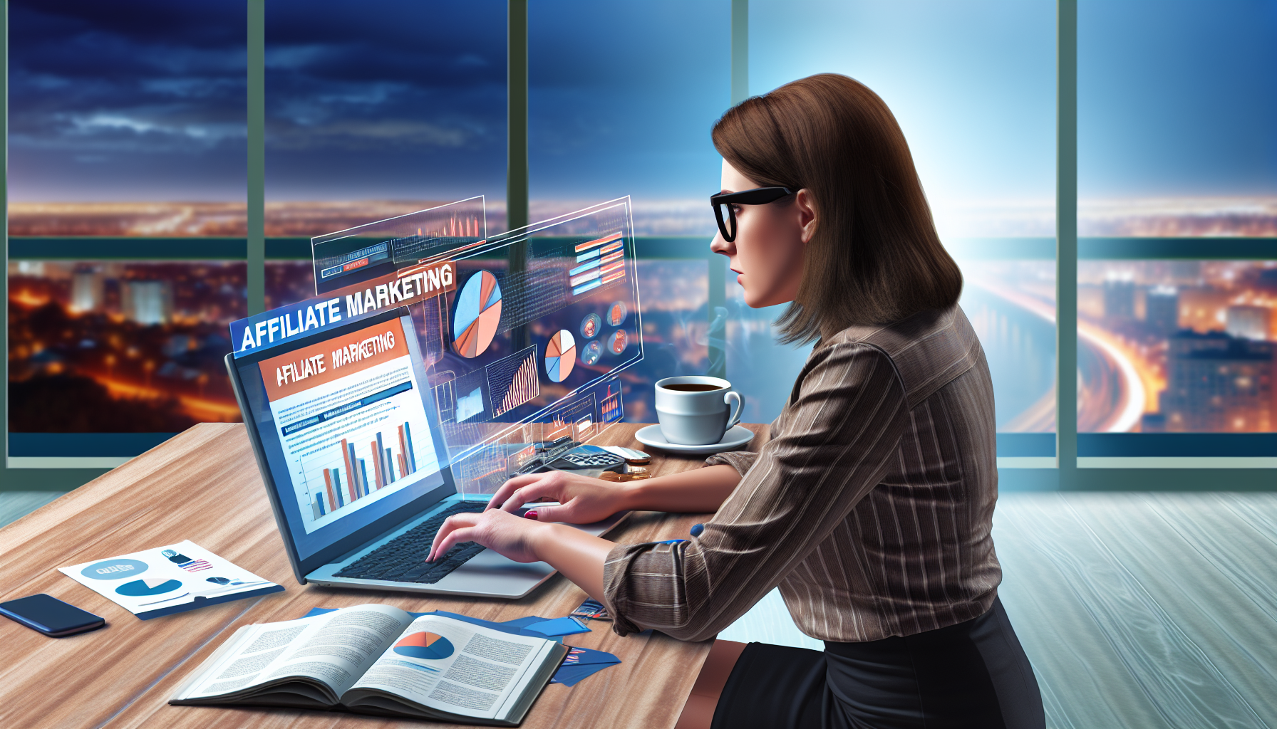 Eine realistische Szene, in der eine Person an einem Schreibtisch sitzt und beschäftigt an einem Laptop arbeitet. Auf dem Laptop-Bildschirm ist eine Affiliate-Marketing-Webseite zu sehen. Sie zeigt aufschlussreiche Diagramme, Grafiken und Statistiken zur Online-Umsatzgenerierung. Die Person ist kaukasisch, weiblich, hat braunes Haar und trägt eine Brille. Auf dem Schreibtisch liegen verstreut Marketingbücher, eine Tasse Kaffee und ein paar Visitenkarten. Hinter ihr befindet sich ein großes Fenster, das einen lebhaften Blick auf die Stadt zeigt und die grenzenlosen Möglichkeiten des Geldverdienens im Internet symbolisiert. Die gesamte Atmosphäre ist intensiv, aber motivierend.