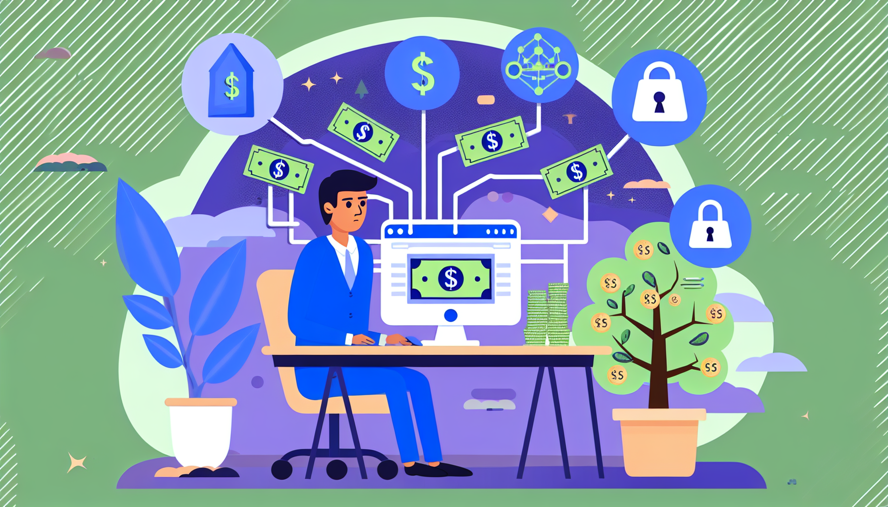 Illustration, die das Konzept des Geldverdienens online durch Affiliate-Marketing darstellt. Zeigen Sie eine Person südasiatischer Abstammung, männlich, die an einem Schreibtisch vor einem Computerbildschirm sitzt. Der Bildschirm zeigt verschiedene Grafiken, die Affiliate-Marketing symbolisieren, wie Linkketten, Geldzeichen und Einkaufswagen. Fügen Sie visuelle Metaphern hinzu, wie eine Pipeline, die Geld vom Bildschirm zu einer sicheren Box bewegt, was auf eine kontinuierliche Einnahmengenerierung hinweist, oder einen Baum, der mit Geldscheinen als Früchte blüht, was das Wachstumspotenzial des Affiliate-Marketing-Geschäfts symbolisiert.