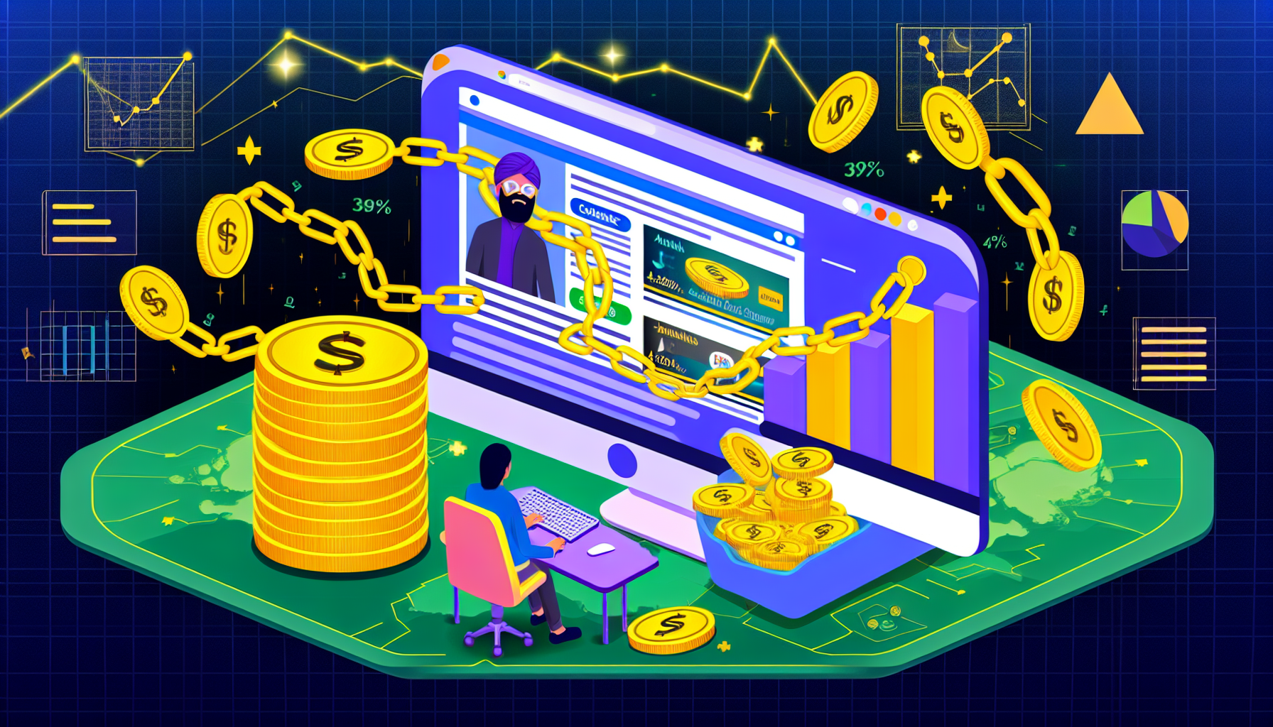 Eine Konzeptillustration, die den Prozess des Geldverdienens online durch Affiliate-Marketing zeigt. Die Szene zeigt eine Person mit mittlerer orientalischer Abstammung, die an einem Computer sitzt und durch eine lebendige Website mit verschiedenen Produktanzeigen navigiert. Jede Anzeige hat einen Link, der durch Ketten dargestellt wird und mit einem Haufen goldener Münzen verbunden ist, die den generierten Umsatz symbolisieren. Gleichzeitig zeigt ein Diagramm auf der Seite ein stetiges Wachstumsmuster, das steigende Gewinne anzeigt. All dies ist vor dem Hintergrund einer stilisierten digitalen Welt angeordnet, um die Online-Natur der Aktivität zu betonen.