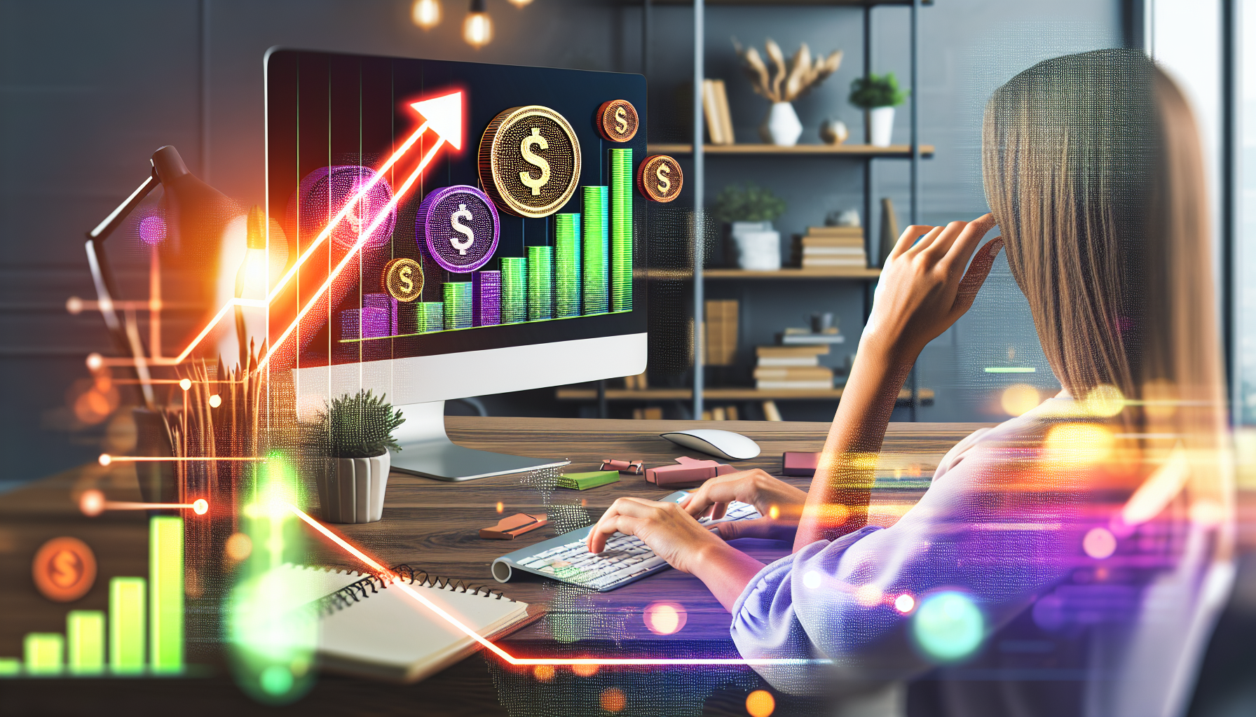 Eine detaillierte Darstellung einer Person, die online Geld verdient. Diese Szene zeigt eine kaukasische Frau, die an ihrem modernen Arbeitsplatz sitzt und mit den Fingern leicht auf einer Tastatur tippt. Auf dem Computer-Desktop sind farbenfrohe Grafiken mit steigenden Statistiken, digitalen Münzen und einem erfolgreichen virtuellen Geschäft zu sehen. Im Hintergrund ist ein trendiger Büroraum mit Büchern, Pflanzen und gemütlicher Beleuchtung zu sehen. Dies verdeutlicht das Konzept des digitalen Unternehmertums.