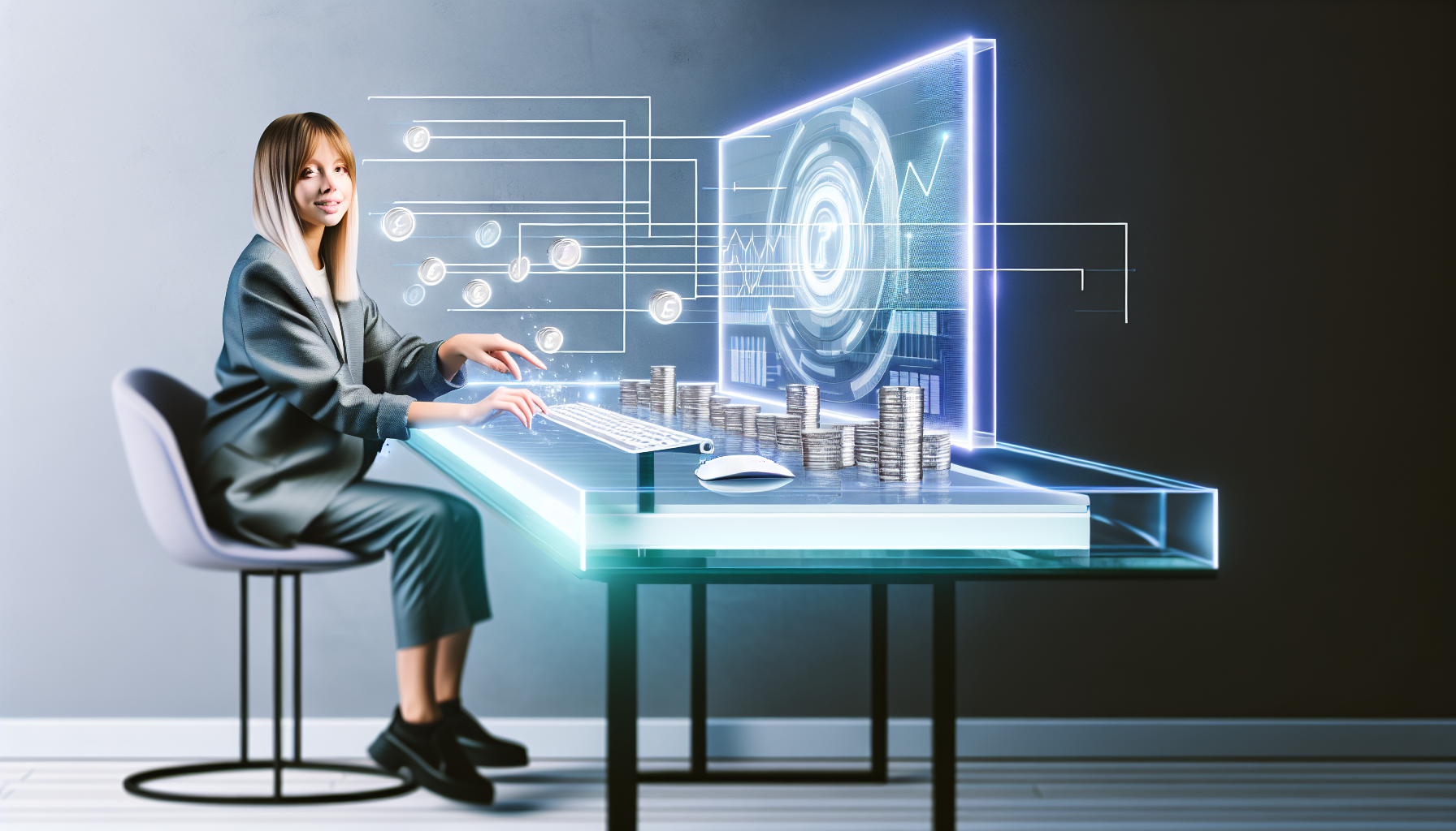 Ein visuell fesselndes Bild, das das Konzept des Geldverdienens im Internet darstellt. Es könnte eine kaukasische Frau zeigen, die bequem an ihrem eleganten, modernen Schreibtisch sitzt. Ihre Finger liegen auf einer futuristischen holografischen Tastatur, und ein transparenter Bildschirm zeigt verschiedene Grafiken und Statistiken, die das Online-Einkommen signalisieren. Silberne Münzen fließen vom Monitor in eine digitale Brieftasche oder Bank auf der Seite. Der Raum hat eine minimalistische Dekoration, wobei strategische Beleuchtung Tiefe und Detail in die visuelle Erzählung bringt.