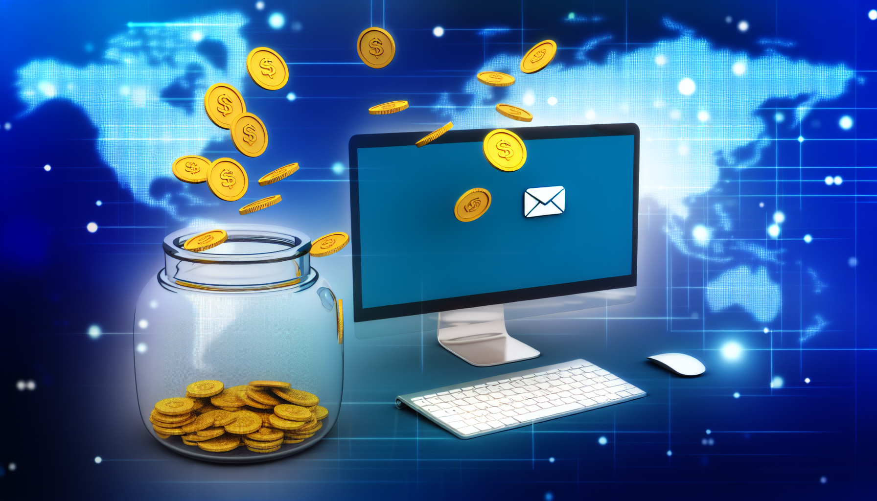 Ein Bild, das das Konzept des Geldverdienens im Internet visuell darstellt. Diese Szene zeigt einen Computer, um den herum Internet-Symbole wie das Globus-Icon und das E-Mail-Icon schweben. Digitale Münzen oder Währungen fallen vom Himmel in ein großes Glasgefäß in der Nähe. Das Glas ist bis zum Rand mit diesen digitalen Münzen gefüllt, was die Ansammlung von Reichtum durch Online-Möglichkeiten symbolisiert.