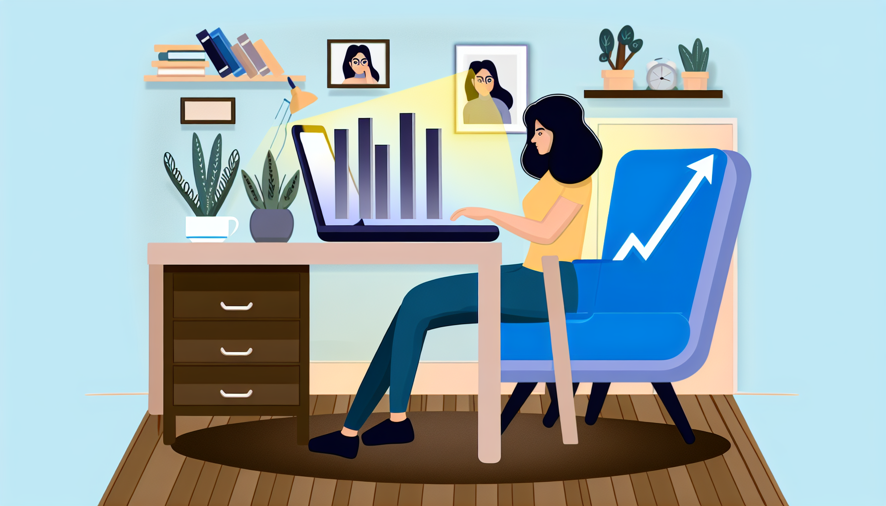 Eine Illustration einer Person, die erfolgreich online Geld verdient. Diese Person, eine junge hispanische Frau, sitzt bequem in ihrem Homeoffice und arbeitet an einem modernen, eleganten Laptop. Sie ist in eine Videokonferenz auf ihrem Laptop-Bildschirm vertieft. Neben ihr zeigt ein virtuelles Balkendiagramm steigende Gewinne, das ihre Online-Einnahmen symbolisiert. Um sie herum ist der Raum hell erleuchtet, dekoriert mit Pflanzen, Büchern und einer gemütlichen Kaffeetasse für eine produktive Umgebung.
